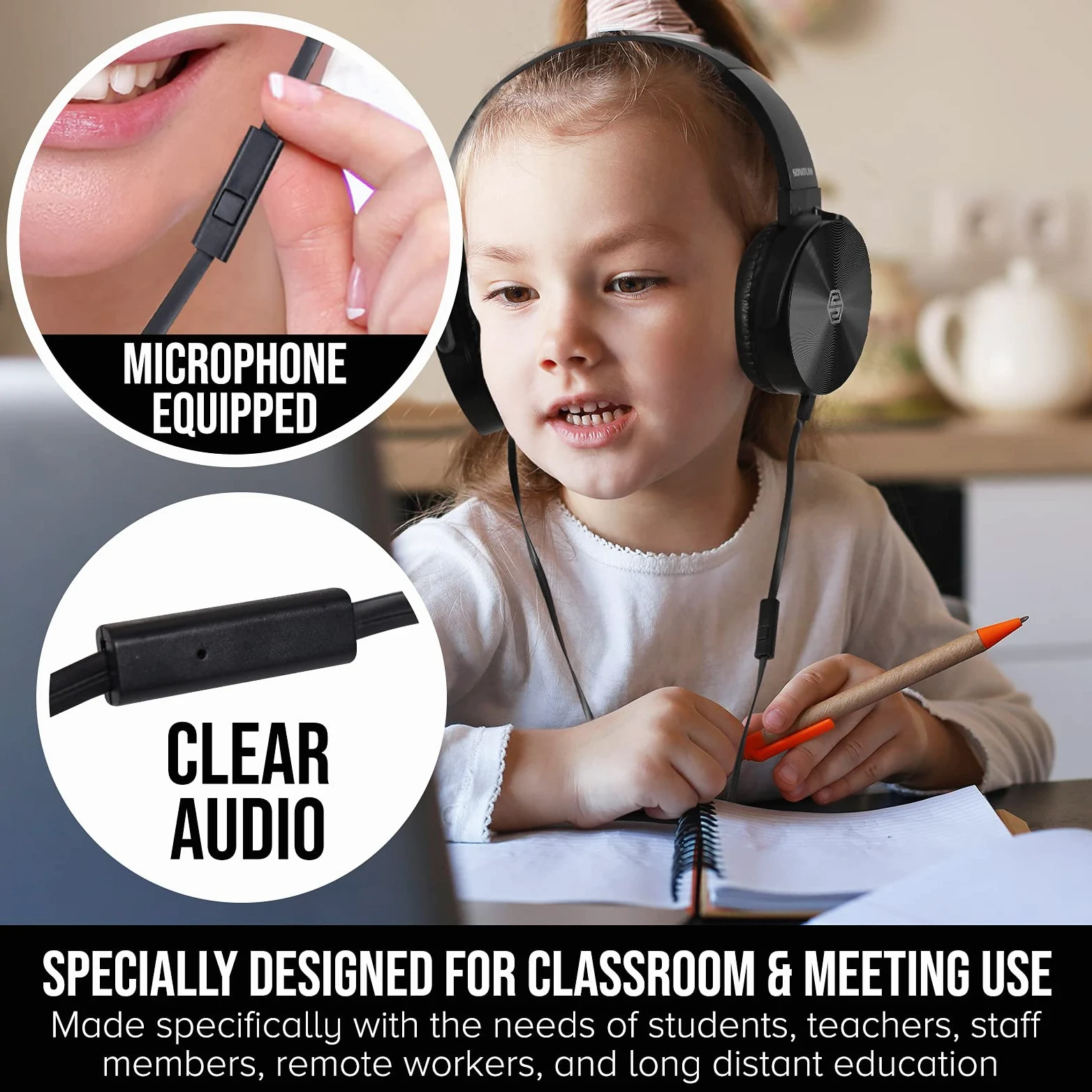 Sonitum - Cuffie da classe, con microfono, confezione da 5 pezzi, jack da 3,5 mm, con microfono e morbidi cuscinetti girevoli per auricolari, perfette per e-Learning, riunioni, chiamate