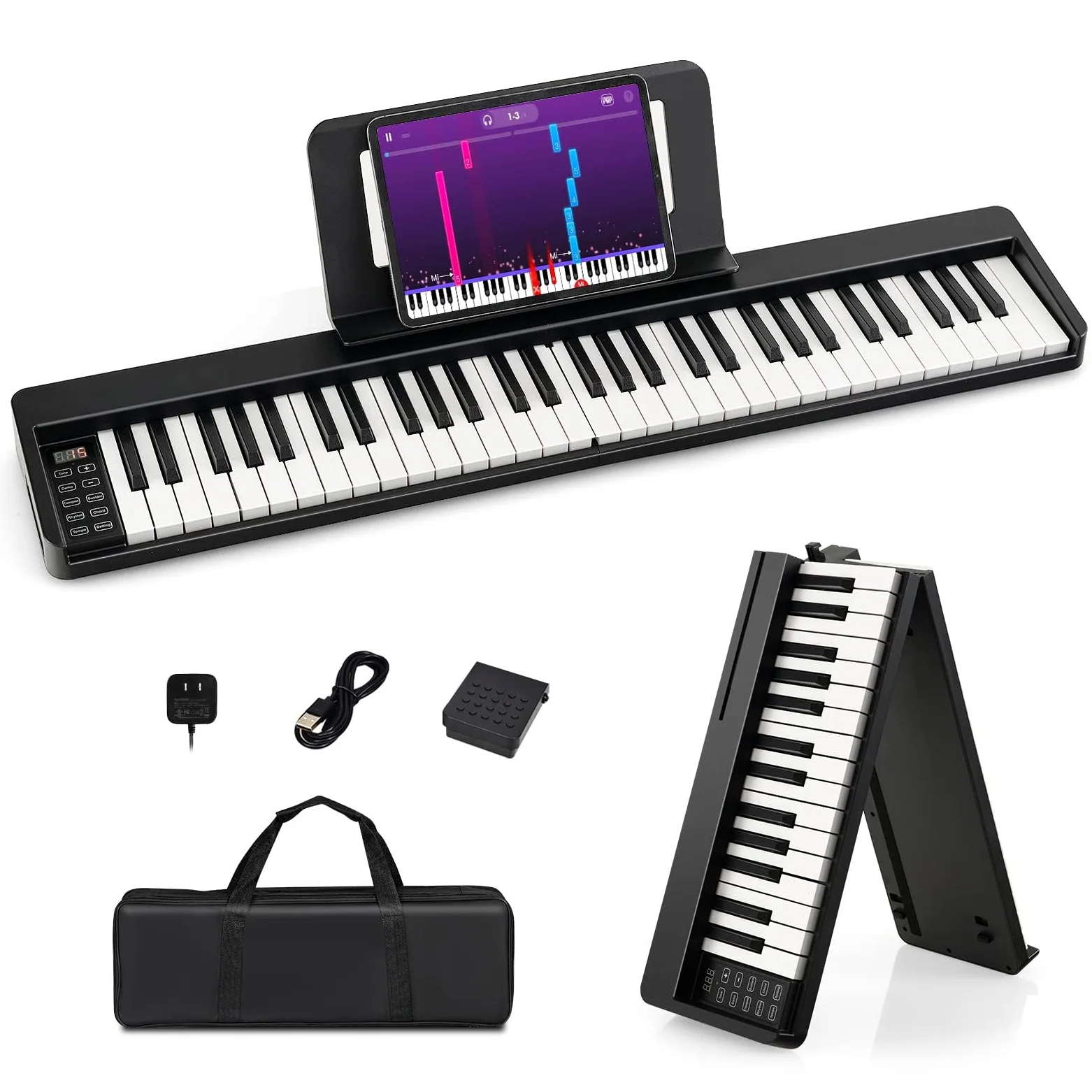 RELAX4LIFE Tastiera Pianoforte Digitale 61 Tasti, Pieghevole Portatile con Custodia, Bluetooth MIDI/Audio, Tasti Sensibili, Batteria 1750mAh, per Principianti Bambini Adulti