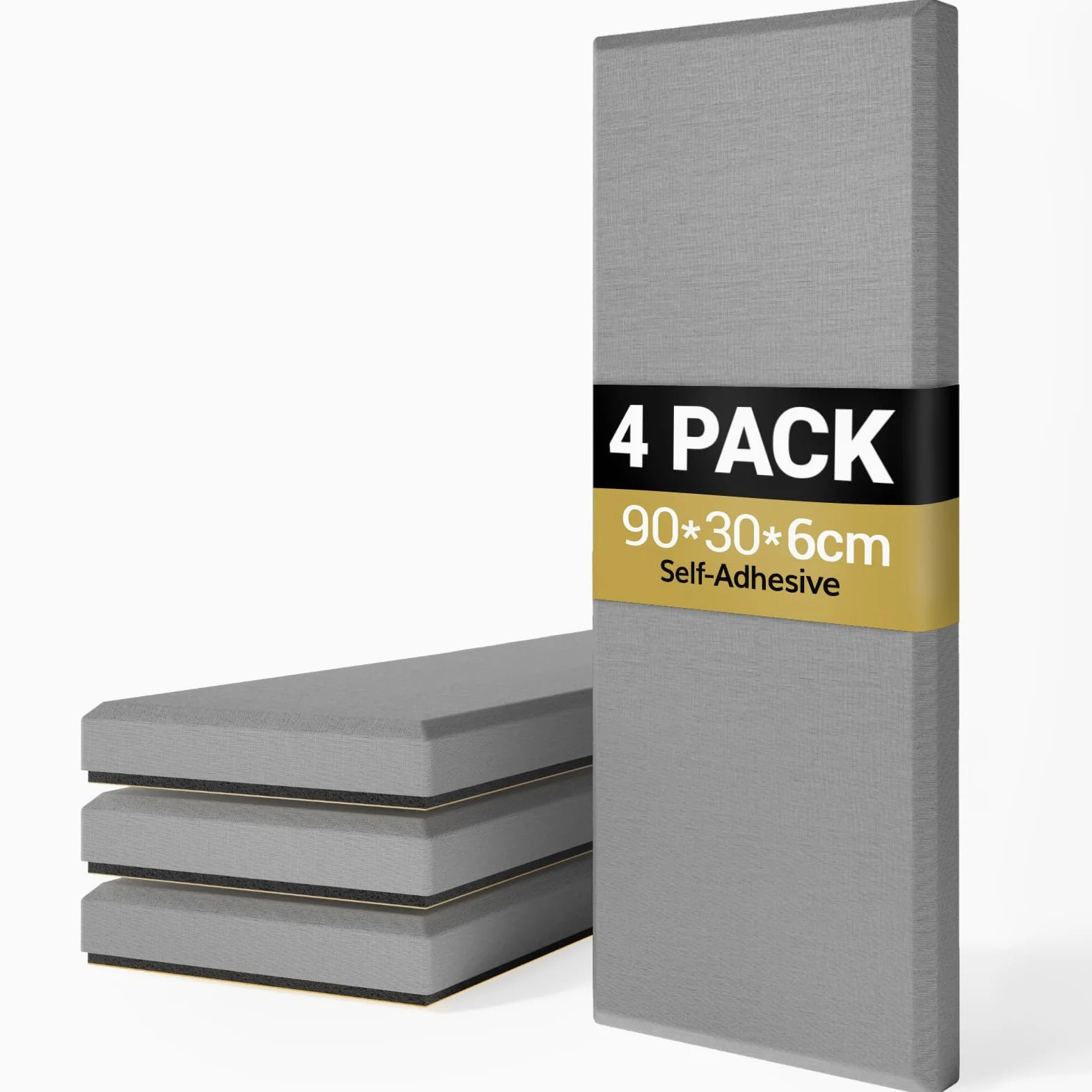 TONOR 4 PCS Grandi Pannelli Fonoassorbenti, 90x30x6 cm Pannello Acustica 3D in Fibra di Vetro con Autoadesivo, Pannello Decorativo per pareti che Assorbe L'eco, per Studio/Soggiorno/Casa, Grigio