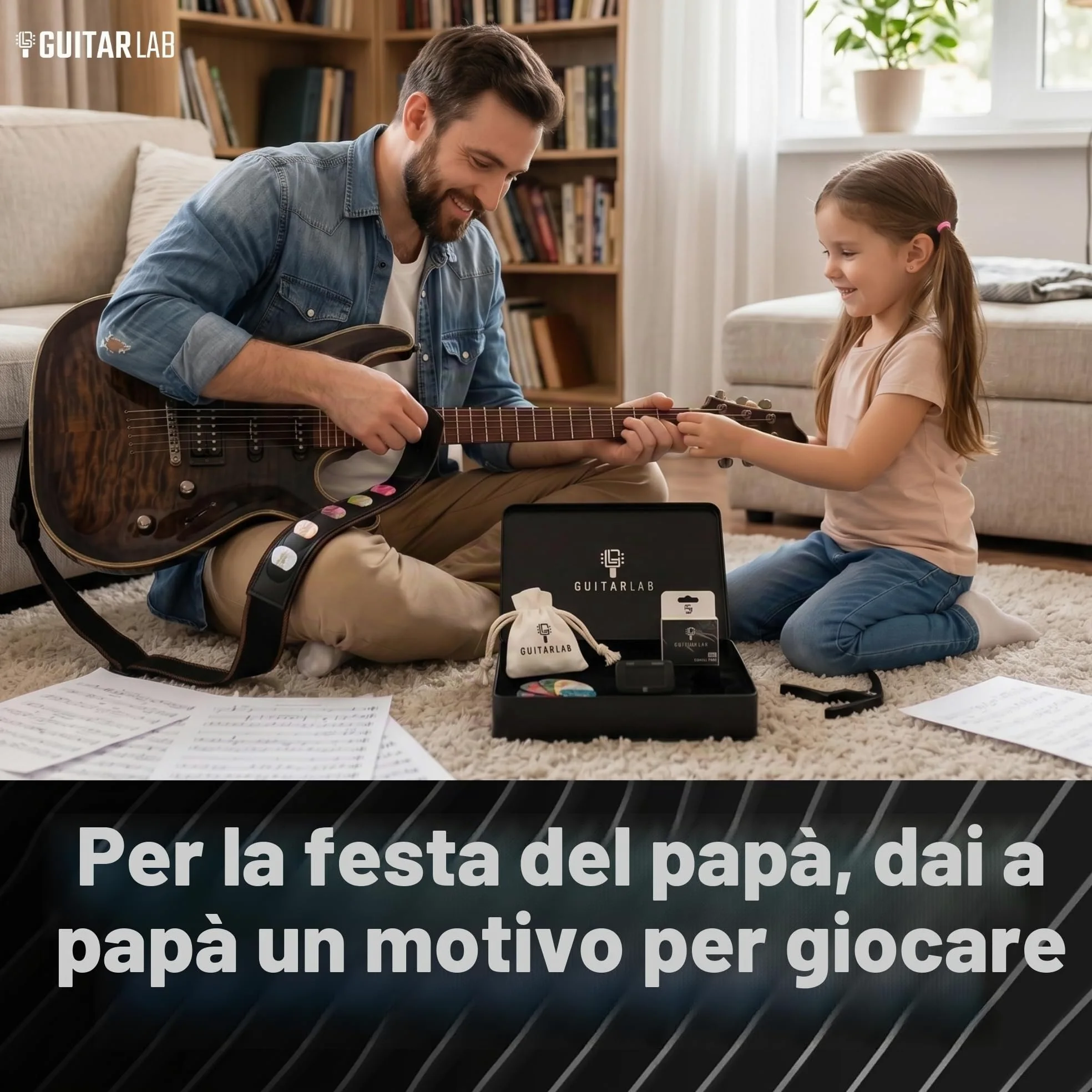 Guitar Lab Kit di accessori per chitarra – Scatola in metallo di alta qualità con cinghia per chitarra, capotasto e sintonizzatore per chitarra elettronica a clip, plettri acustici, bassi