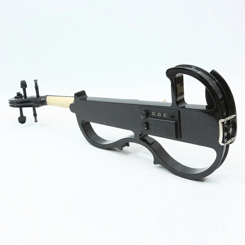 Violino elettrico full size silenzioso corpo in legno massello ebano raccordi con custodia, archetto, cuffie, cavo, corde per studenti, principianti e adulti (nero)