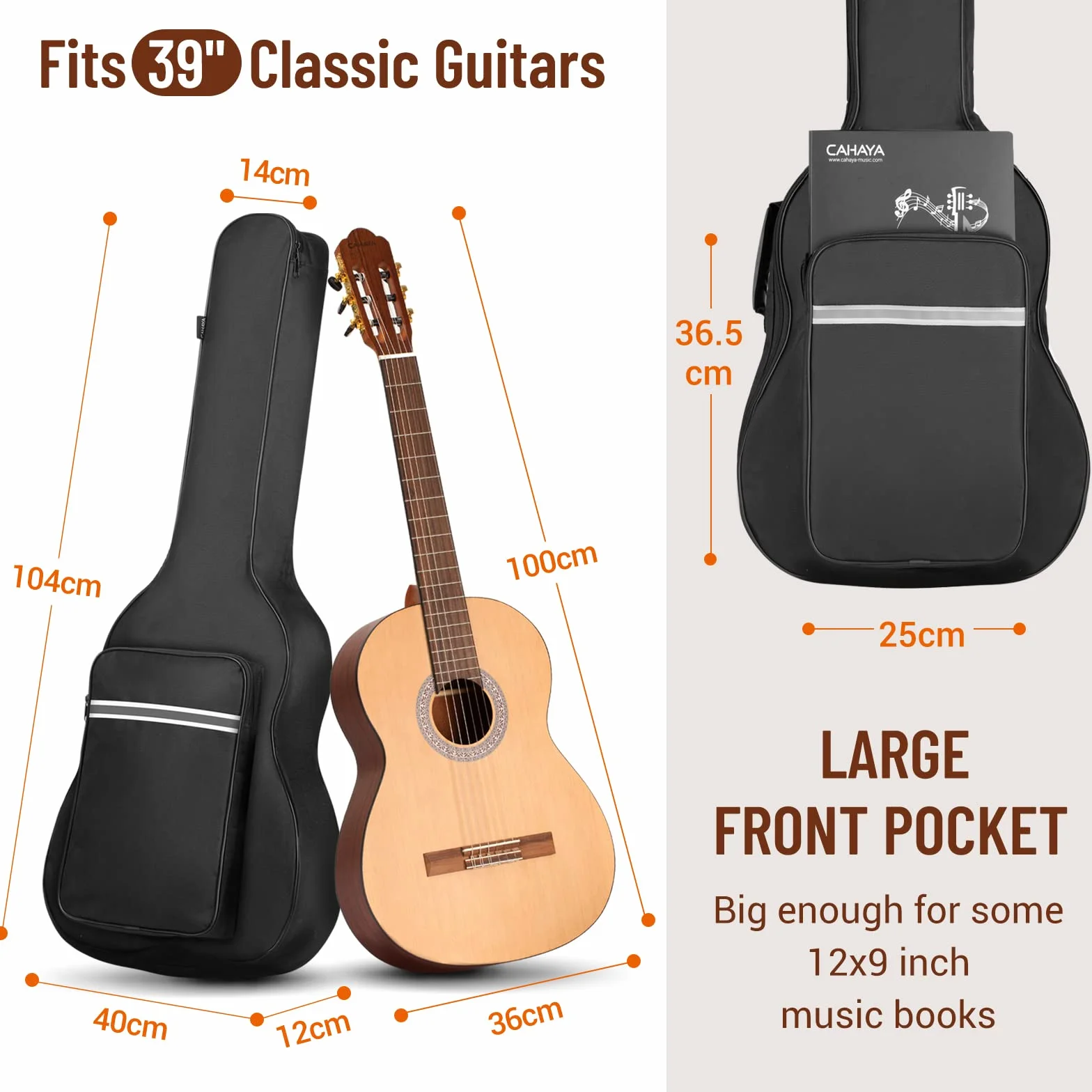CAHAYA Custodia per chitarra classica da 39 pollici, custodia morbida con imbottitura spessa 6 mm, zaino per chitarra con grande tasca bande riflettenti modello CY0288, Nero, Classical Guitar Bag 39