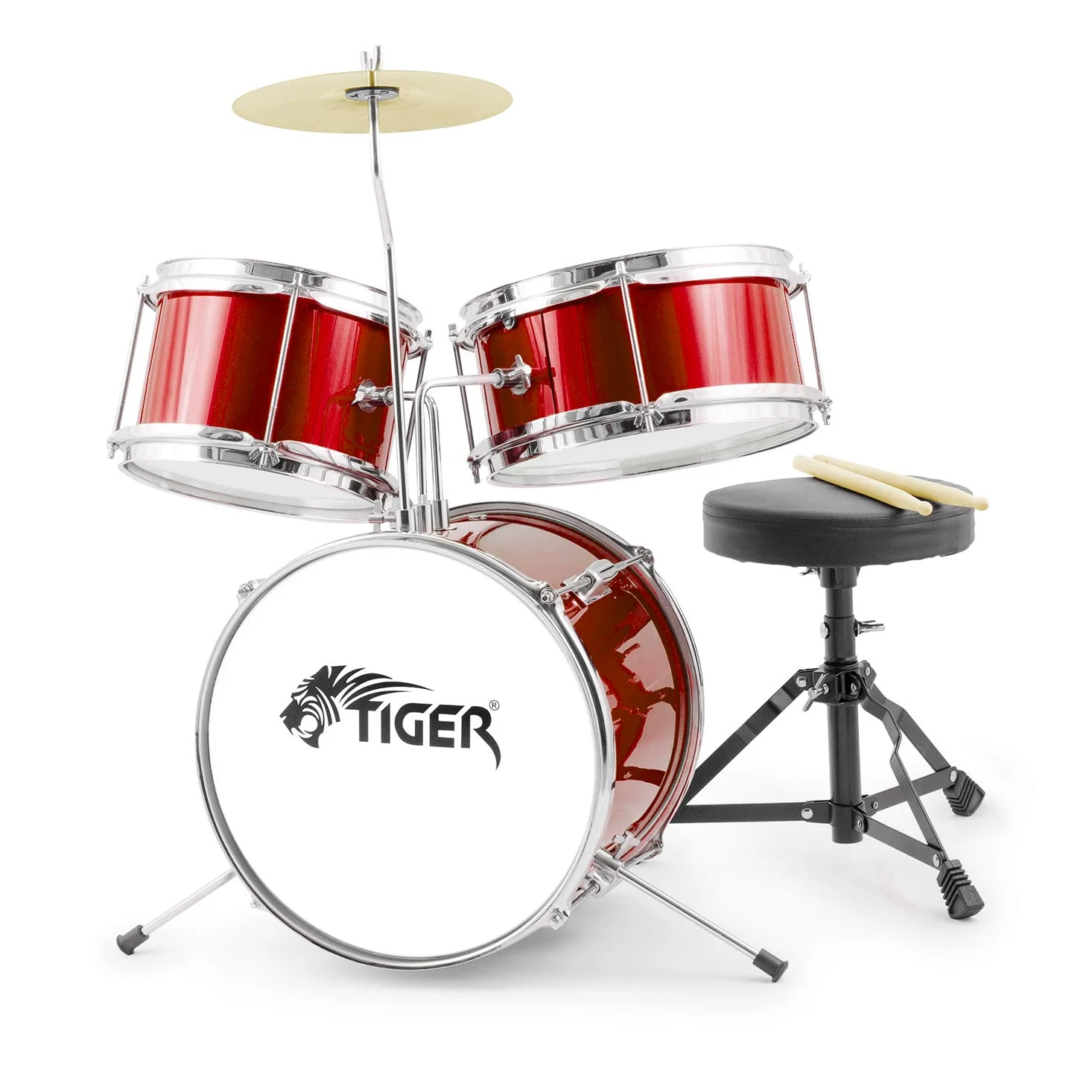 TIGER JDS7-RD Batteria per ragazzi 3 pezzi con rullante, tom, basso, pedale, piatti, bacchette e sgabello - colore rosso | con Rullante, Tom, Grancassa, Pedale Grancassa, Piatto, Trono e Bastoni, JDS7-RD