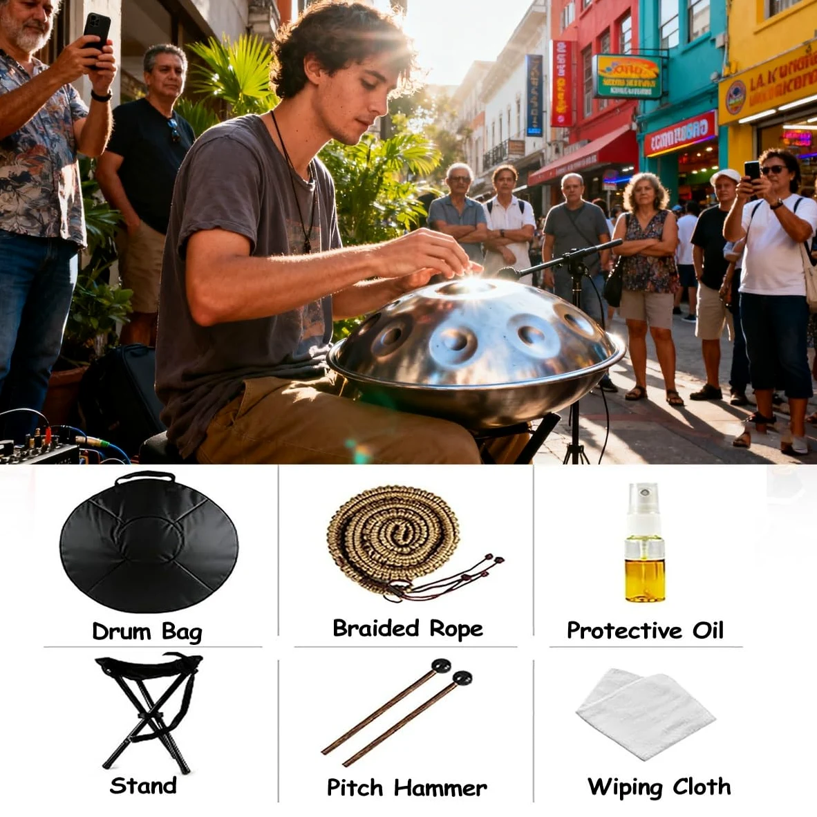 Handpan Strumento Musicale, 56cm 440 Hz 9/10/12 Note Tamburo In Acciaio Tongue Drum In Sol Minore Con Bacchette, Supporto Per Batteria, Borsa Per Meditazione Yoga(Nero,9)