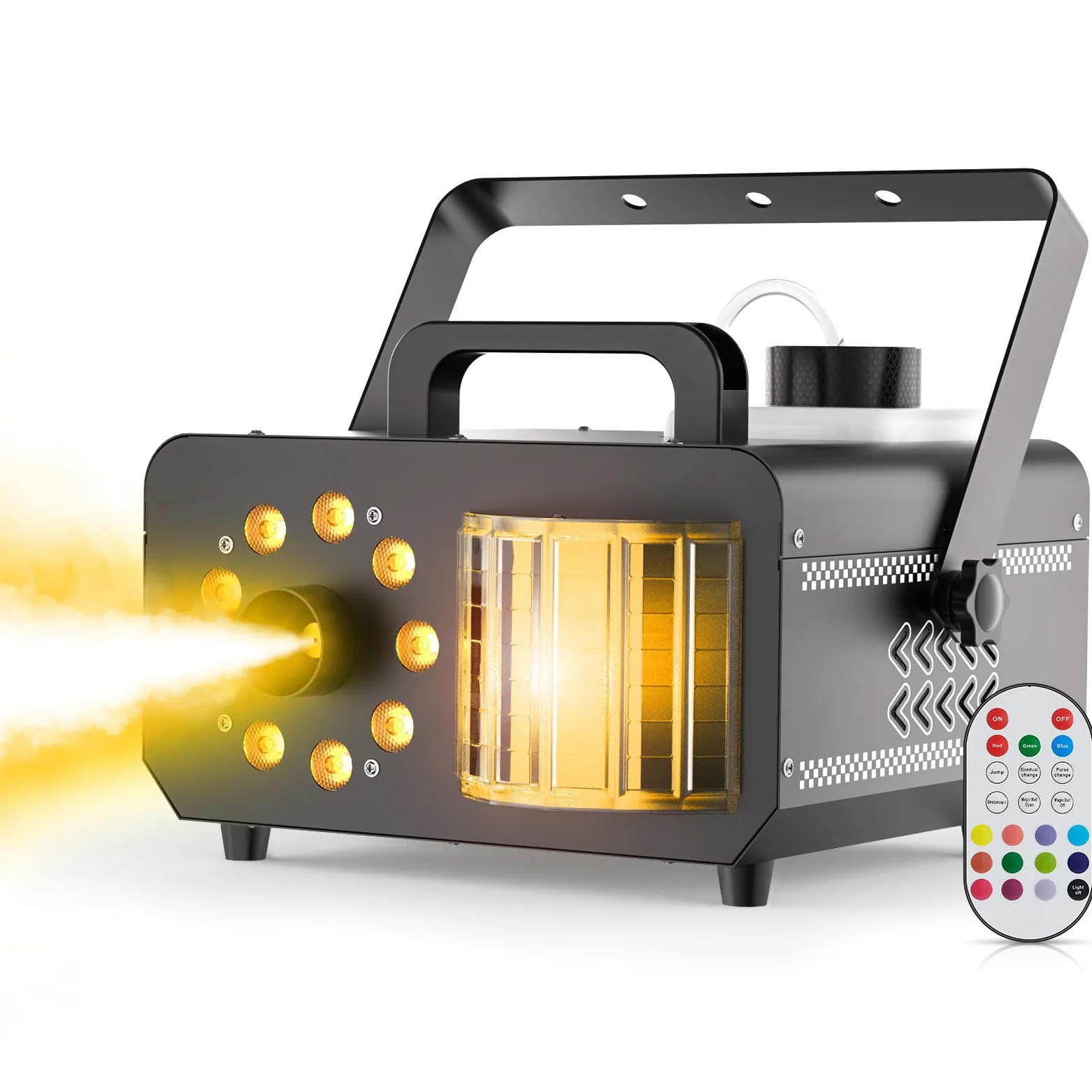 1200W Macchina del fumo 3000 CFM con telecomando e 9 LED RGB derby, 14 colori statici/auto/jump/strobo Macchina della Nebbia per palco, Halloween, discoteca