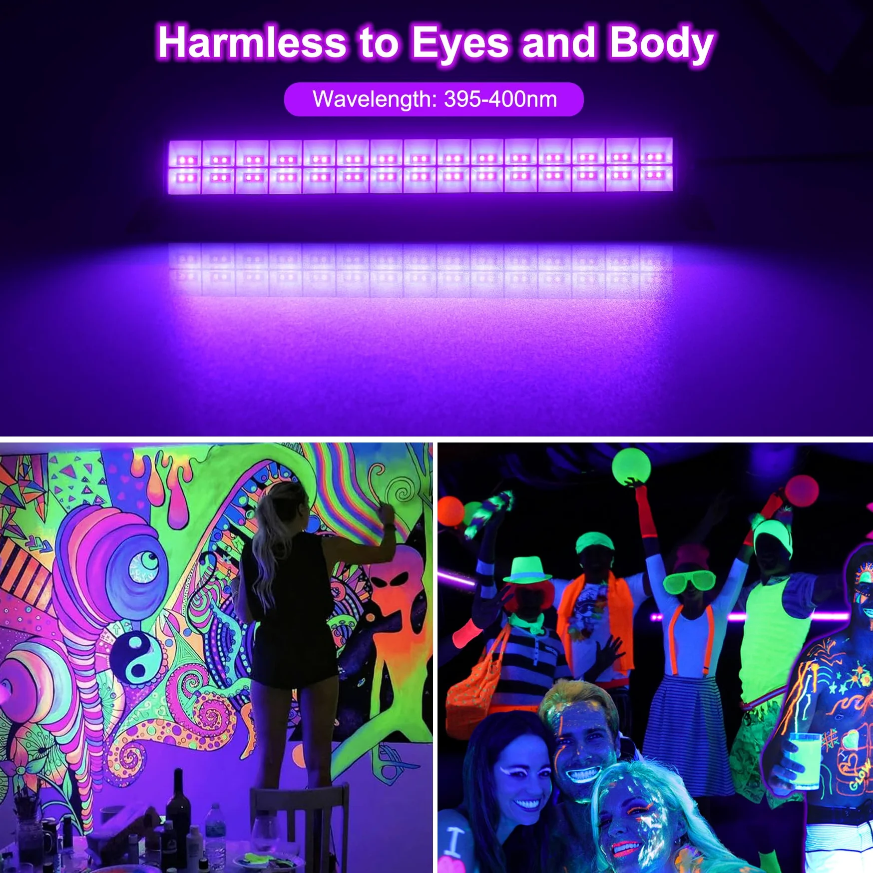 NATPOW Luce Nera UV 36W, 400-405nm Lampada LED Nera con Interruttore e 1,5 Metri di Cavo di Alimentazione, IP65 Impermeabile Faretto UV LED per Halloween, Discoteca, Mostra d'arte, Bar, Feste, 2 Pezzi