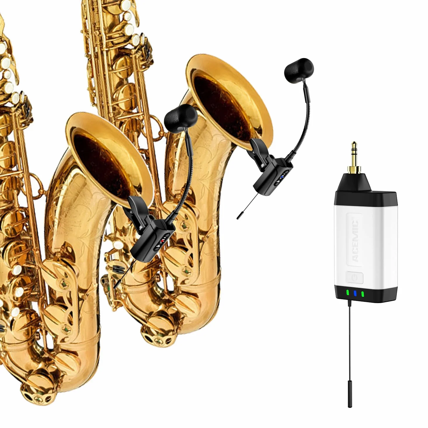 Doppio Microfono Wireless per Sassofono UHF per Strumento con Condensatore UHF, Microfono a Clip con 1 Ricevitore e 2 Trasmettitori, per Sassofono, Corno Francese, Tromba, Trombone, Q2/ST-5