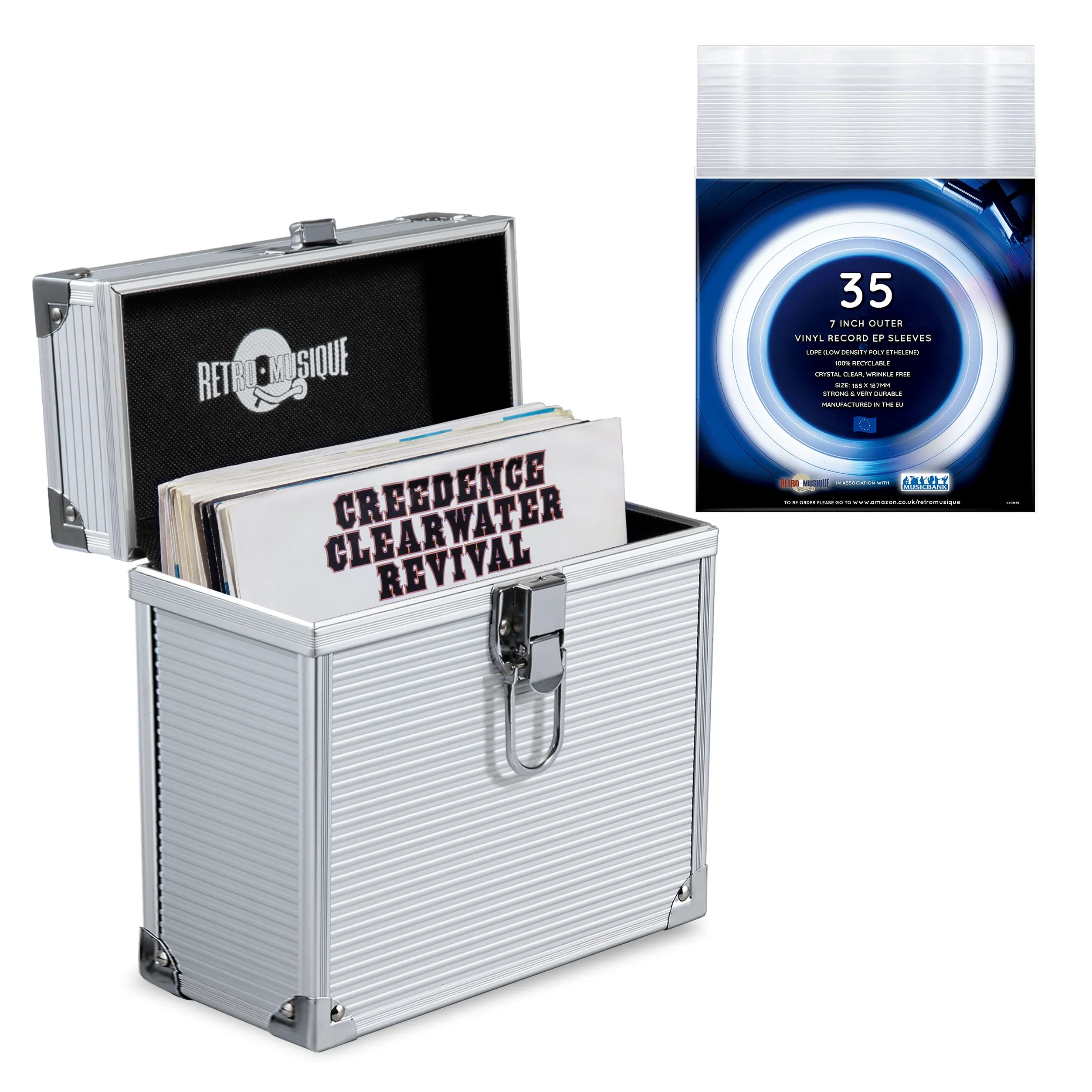Valigetta portaoggetti in alluminio da 17,8 cm per dischi in vinile che può contenere fino a 35 EP (in buste in PVC) e 35 tasche esterne per dischi in vinile
