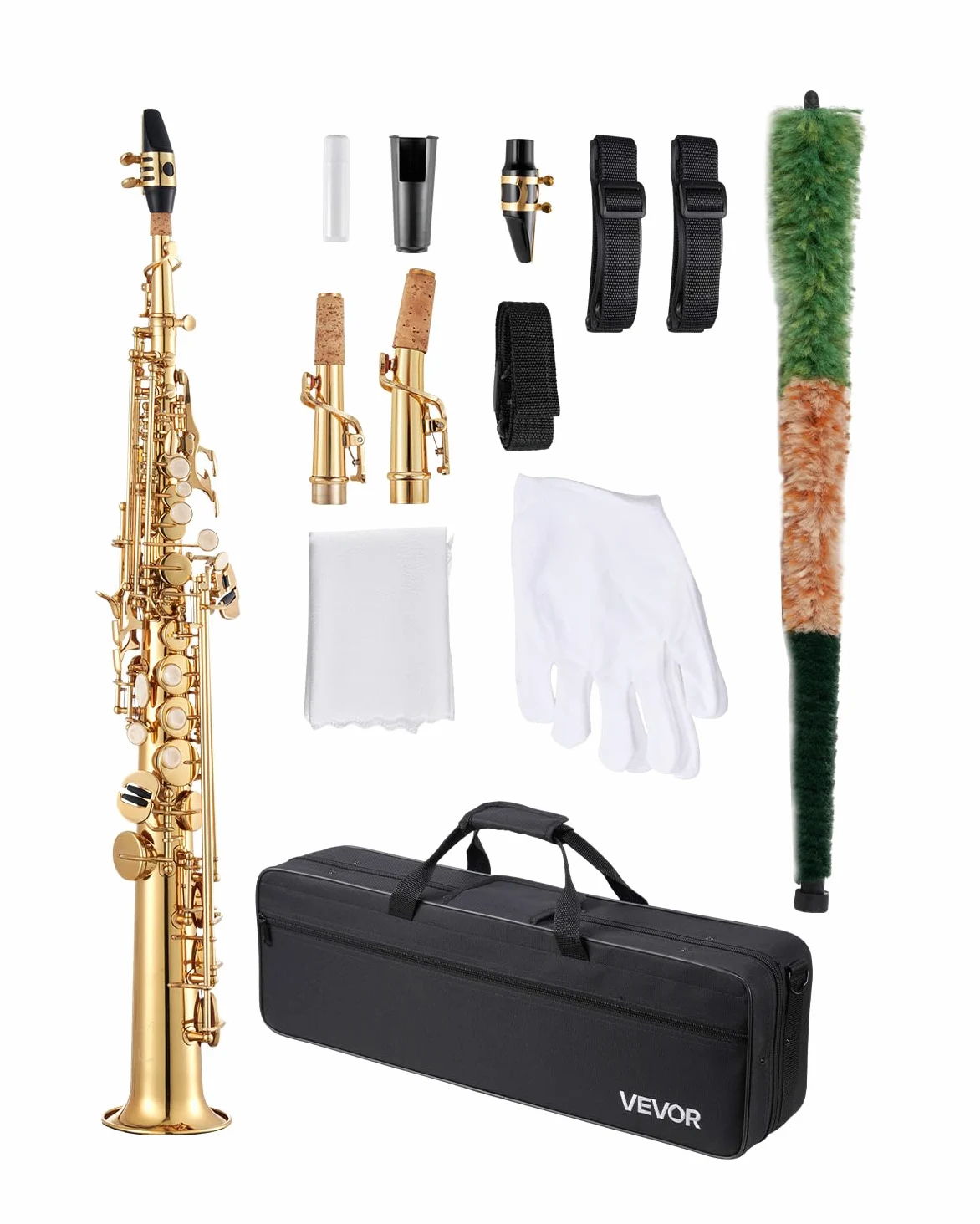 VEVOR Sassofono Soprano Dritto, Si Bemolle, Kit di Sassofono in Ottone a 23 Tasti per Principianti, con Custodia Trasporto, Bocchino, Asta per Panno di Pulizia, Guanti, Tracolla, Oro
