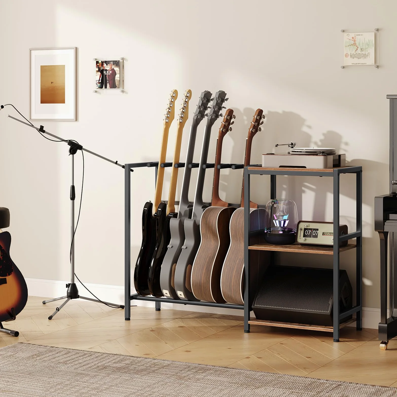 MAHANCRIS Supporto per chitarra, Supporto per 5-6 strumenti a corda, Adatto per chitarra acustica, basso, Scaffale per chitarra con ripiani per giradischi, con pastiglie in gomma antiscivolo, marrone