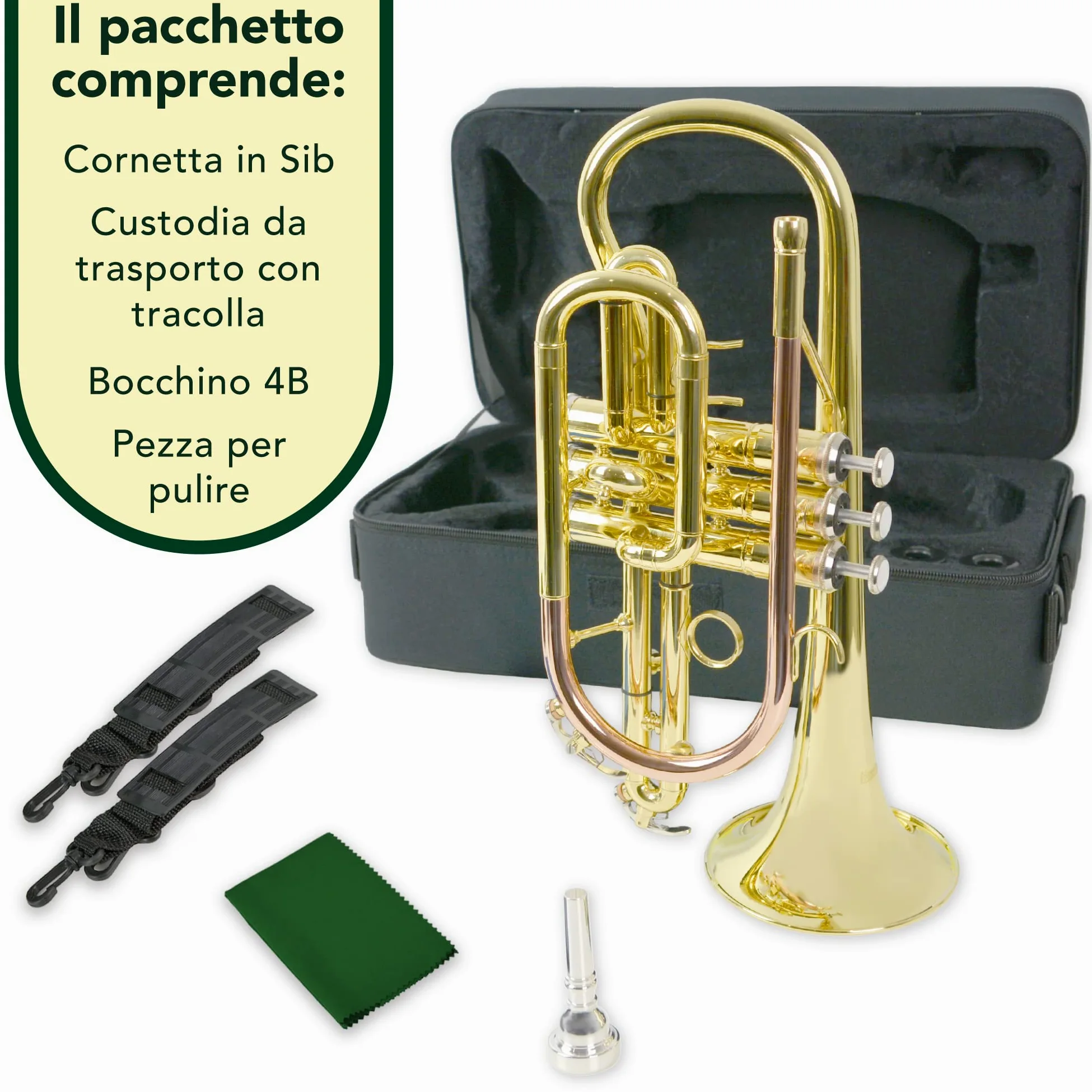 Montreux Student Cornet Sib per Principianti con Custodia Protettiva Leggera, Bocchino - Ottone Laccato, Campana 4,75"/12 cm, Si Bemolle