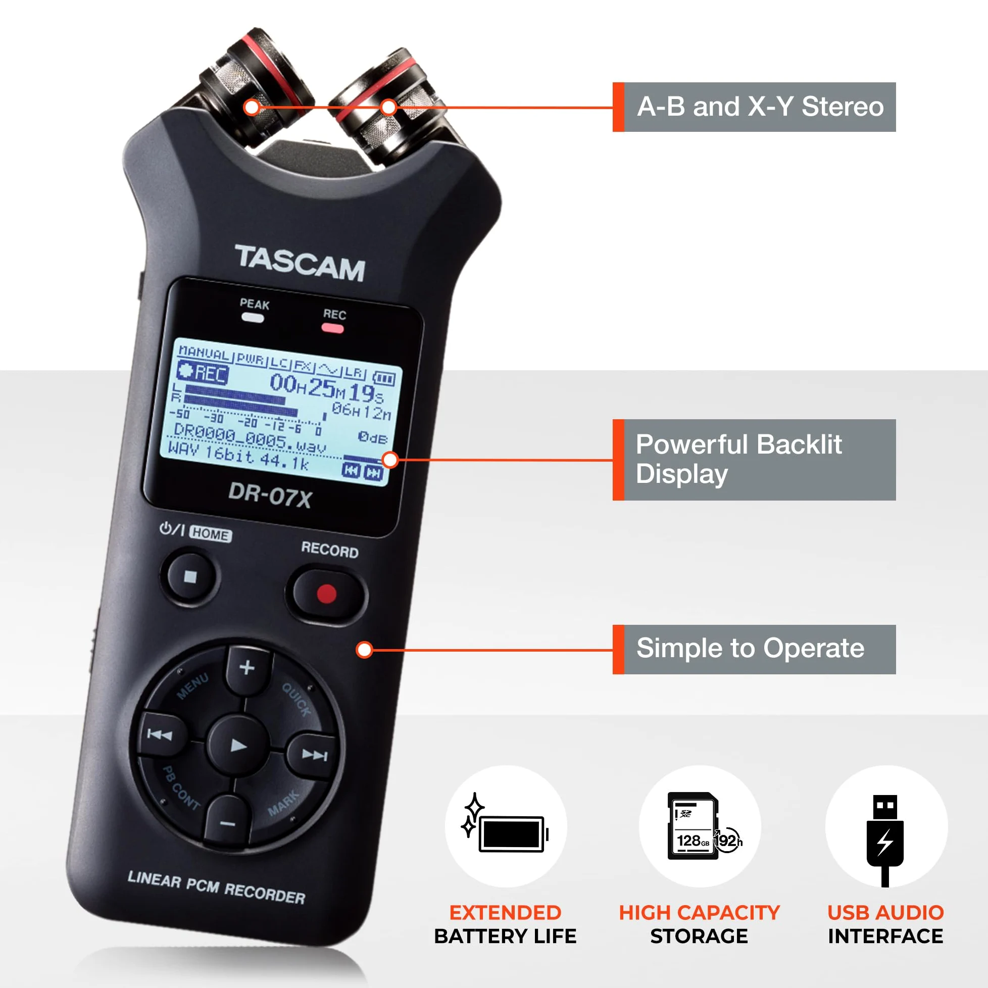 Tascam Registratore audio digitale portatile stereo DR-07X e interfaccia audio USB