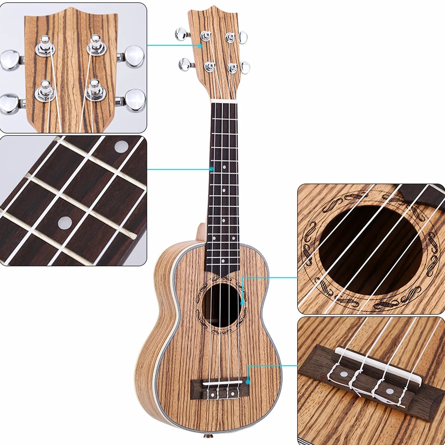 Ukulele 21 "Ukulele Acoustic Ukelele Zebrawood 15 Fret 4 String Ukulele 21" Strumento A Corda Musicali Concerto Ukulele