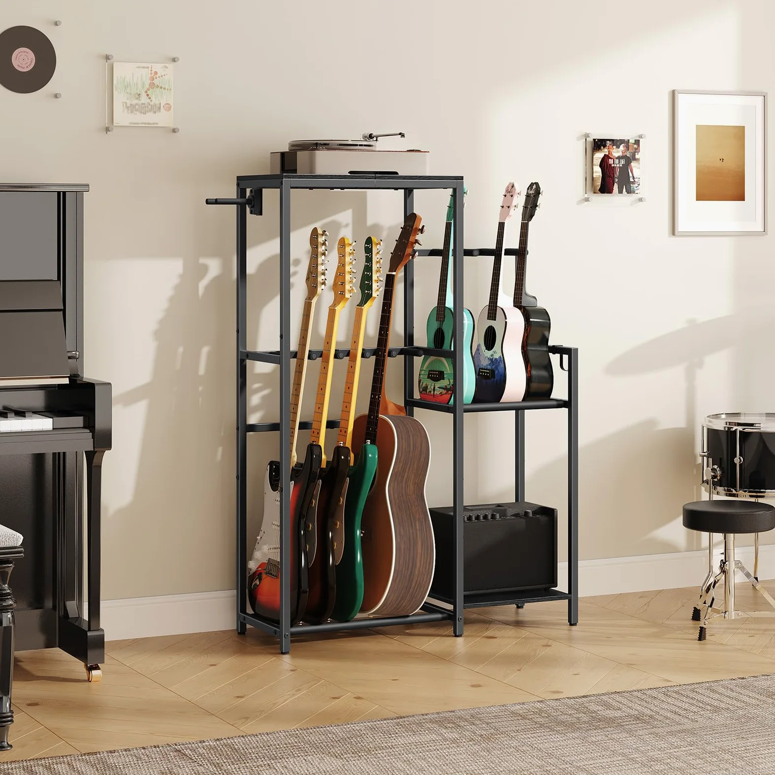 MahanCris Supporto per chitarra multi-instrumenti, acustiche, elettro, basso, ukulele, 5 chitarre, AMP, accessori, custodia EVA