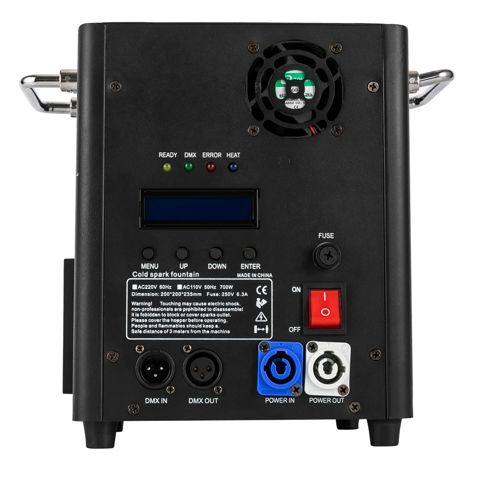 Macchina per scintille, 700 W, portatile, per palcoscenico, effetto speciale, altezza di iniezione regolabile, quattro spie di controllo, telecomando o DMX