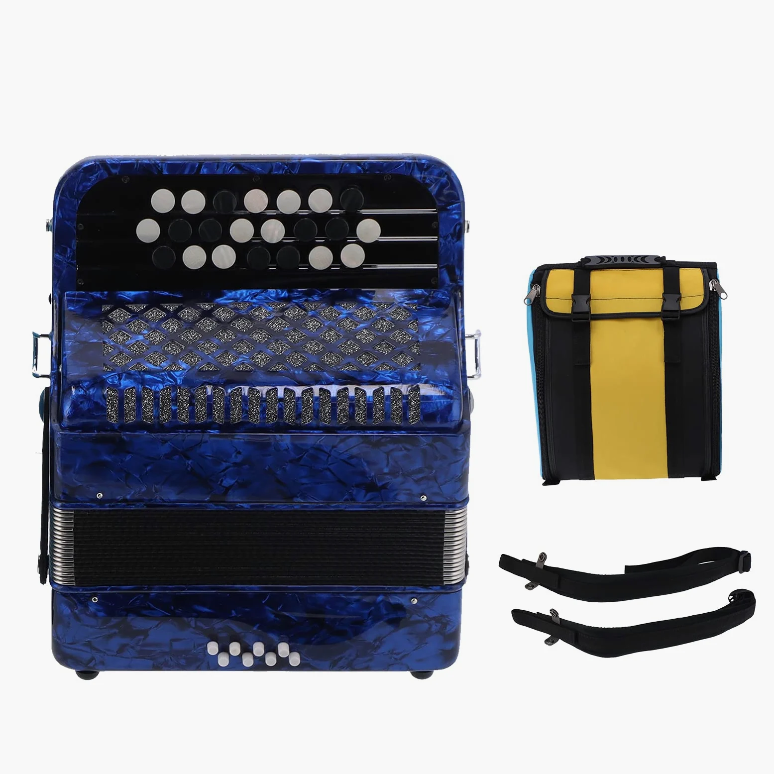 Fisarmonica Professionale a 22 Tasti e 8 Bassi, Pulsante Rotondo Antiscivolo Bianco e Nero, ABS di Alta qualità, Legno, Metallo, con Zaino per Fisarmonica, per Principianti (blu