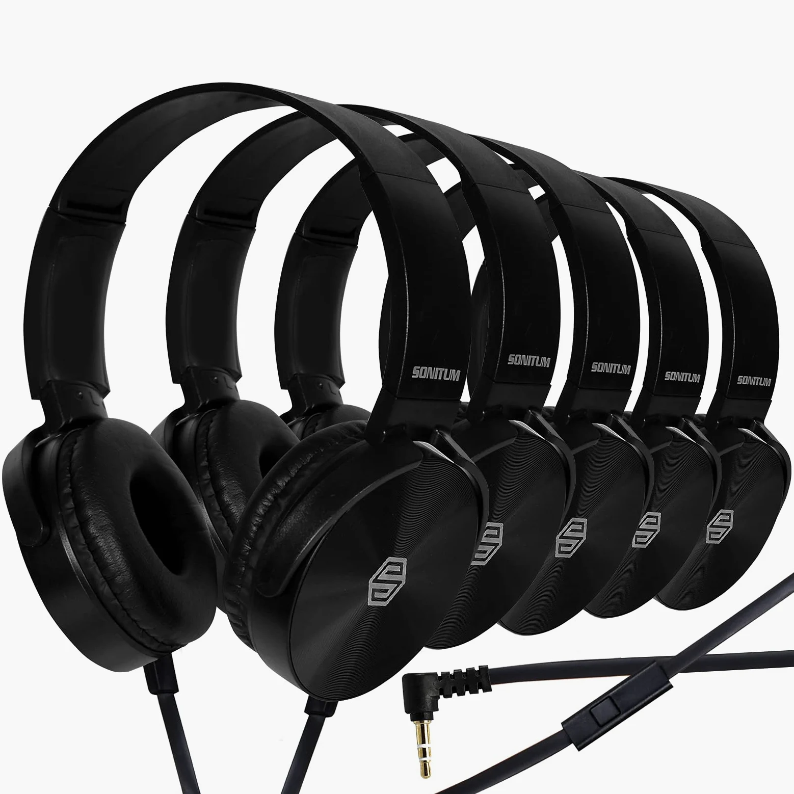Sonitum - Cuffie da classe, con microfono, confezione da 5 pezzi, jack da 3,5 mm, con microfono e morbidi cuscinetti girevoli per auricolari, perfette per e-Learning, riunioni, chiamate
