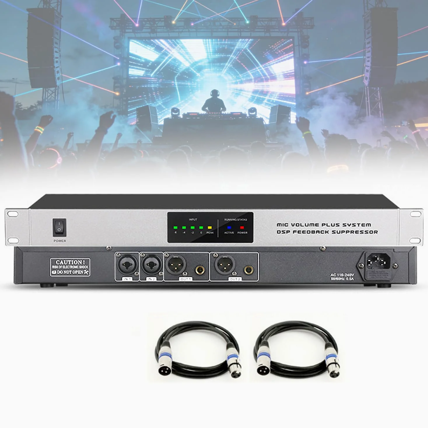 Processore audio digitale, anti-ululato con 2 ingressi e 2 uscite, controllo dell'intensità a 9 livelli, qualità del suono migliorata per studi di registrazione, bar e sale musicali