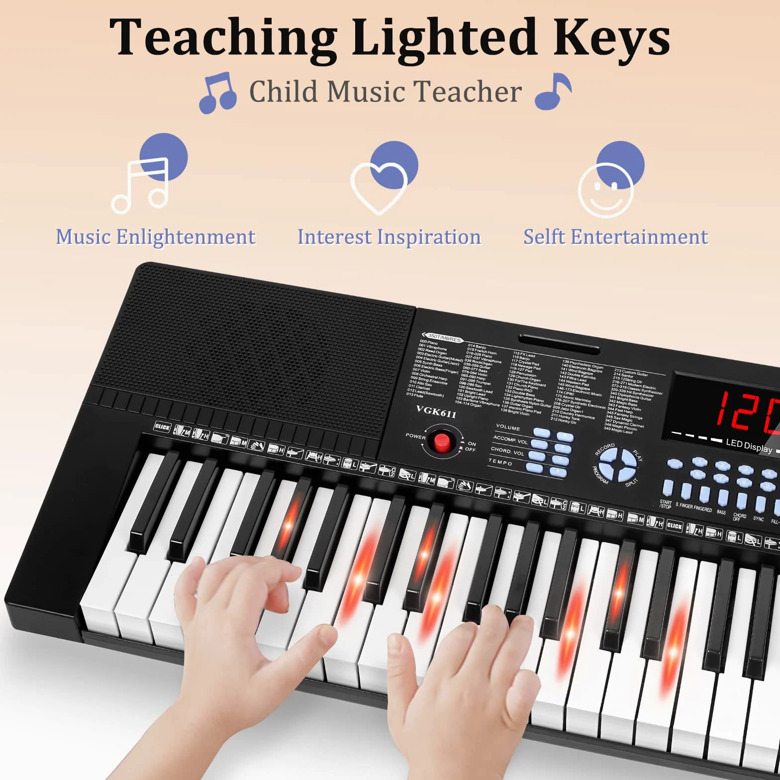 Vangoa Tastiera 61 Tasti, Tastiera Elettronica Luminosa, Tastiera Elettronica Musicale Per Principianti, 3 Modalità Di Insegnamento, 350 Toni, 350 Ritmi, 30 Brani Dimostrativi, Nero