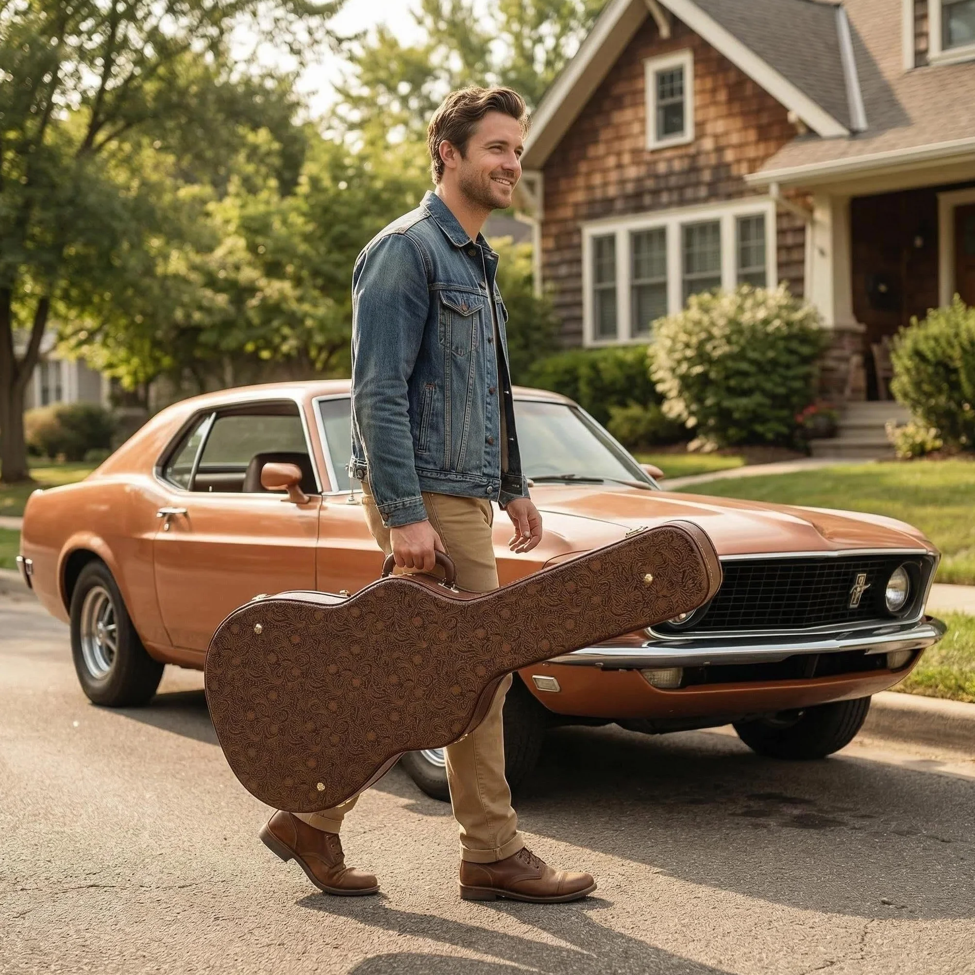 Crossrock Custodia per chitarra Dreadnought della serie Dreadnought per Gibson J-45/Martin D-Style, ecopelle marrone fiore, interno in velluto verde foresta, serratura, custodia rigida in legno di