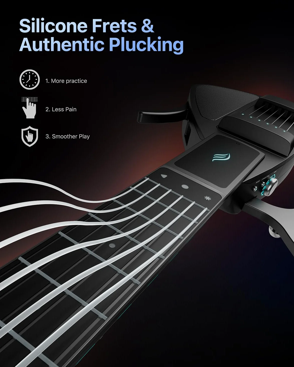 Enya CYBER-G Chitarra Smart – con corde in silicone, 24 suoni integrati, chitarra da viaggio silenziosa nera con altoparlante, drum system, app e accordi interattivi per adulti o adolescenti