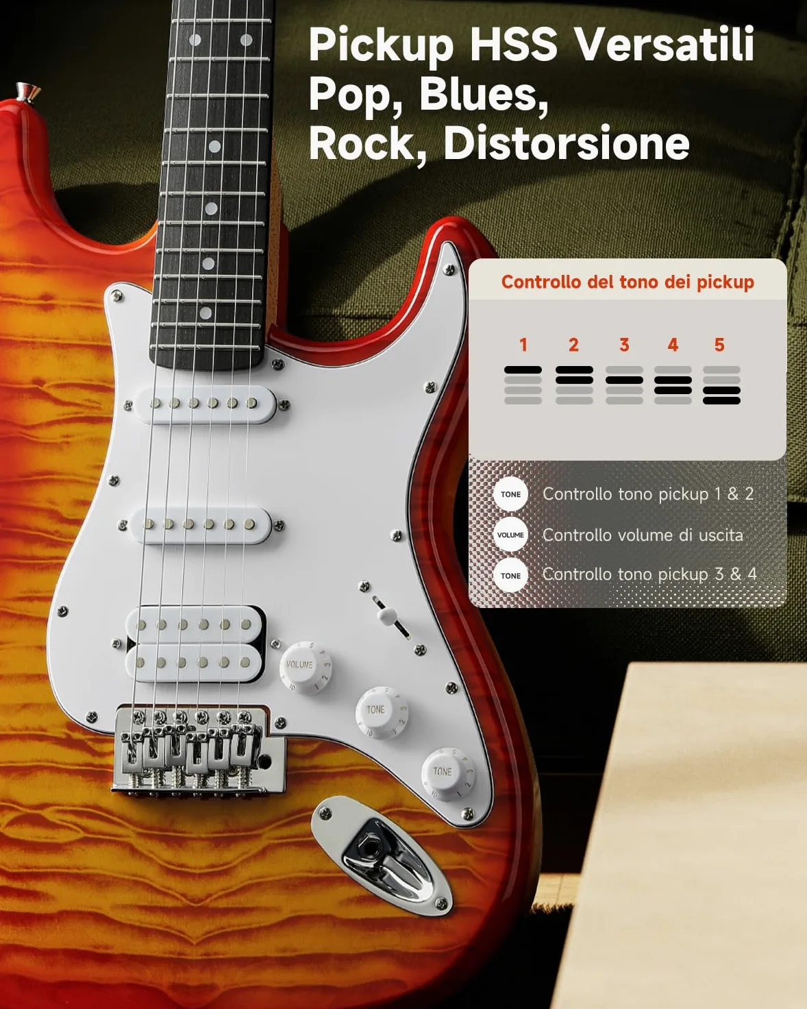 Donner DST-90 Chitarra Elettrica 39 Pollici, Kit Chitarra Elettrica per Principianti con Amplificatore, Pickup HSS, Custodia, Accordatore, Capotasto, Tracolla, Corde, Cavo e Plettri, Icetea Burst
