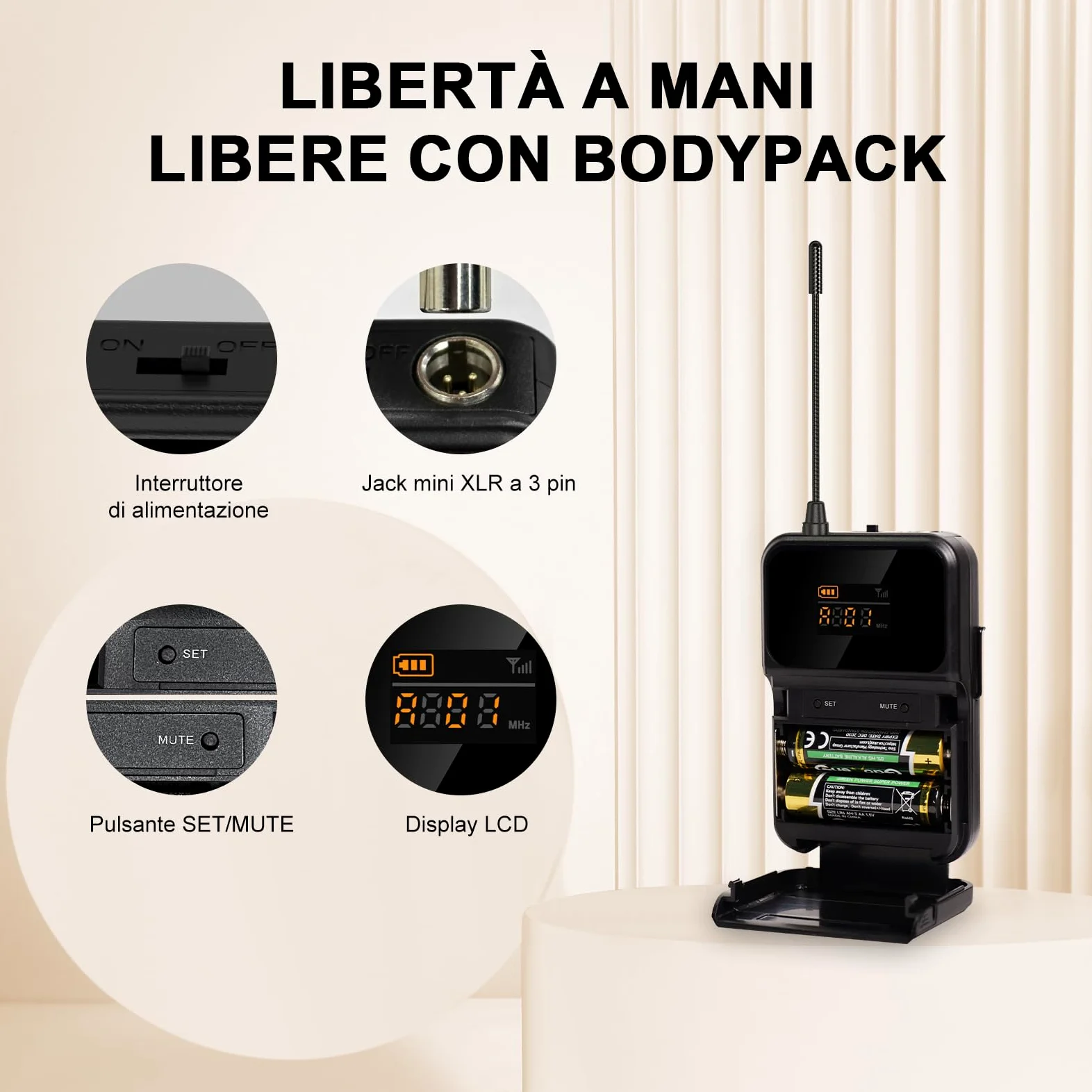 MELONARE Sistema microfonico wireless UHF a 4 canali con 4x10 frequenze, portata di 200 piedi, 4 bodypack e microfoni per cuffie/lapelle per canto, chiesa, conferenza (MWM-41-4B)