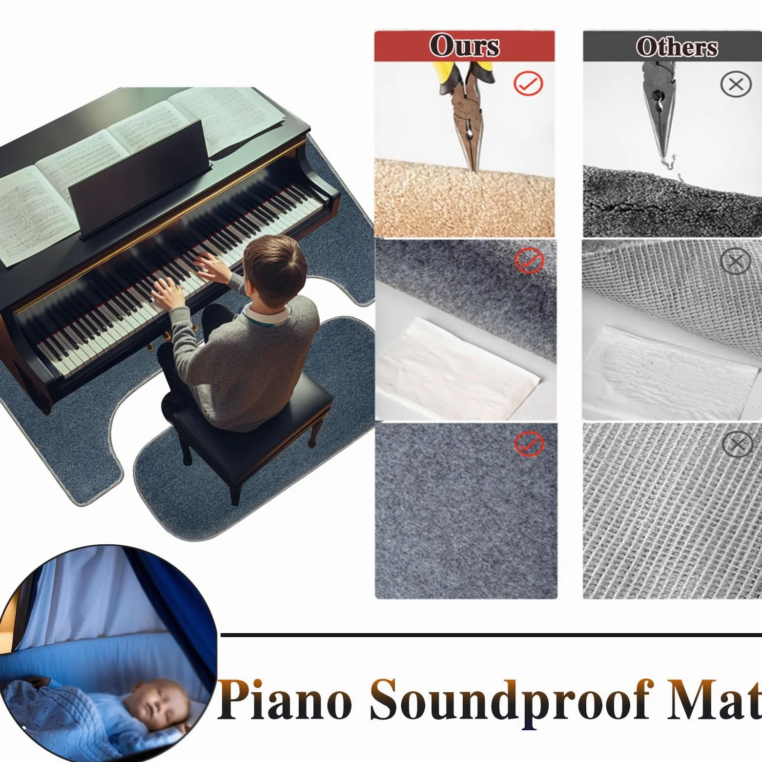 Tappeto Insonorizzante Fonoassorbente per Verticale Pianoforte Tappetino Fonoassorbente Pavimento Tappeto Isolante Acustico Pianoforte Tappetino Insonorizzato 160 x 70 cm + 115 x 48 cm