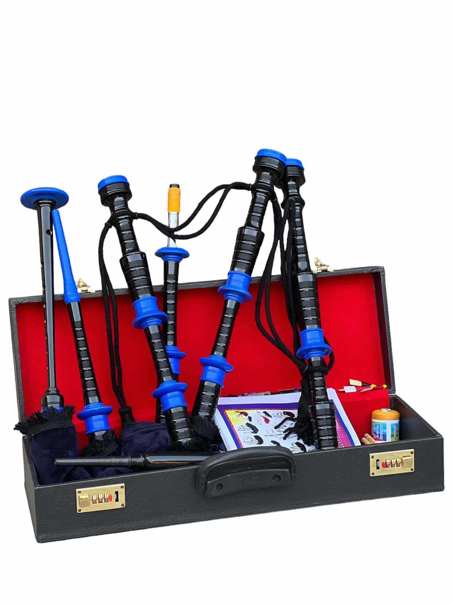 Cornamusa professionale in velluto blu con supporti in palissandro e custodia
