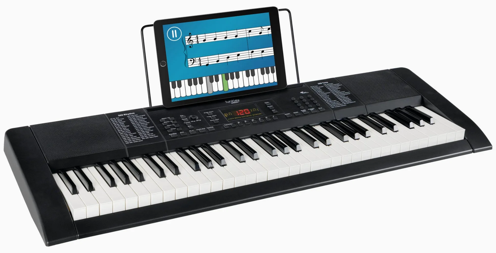 FunKey 61 Edition Nero, 300 suoni, 300 ritmi, 40 brani demo, Metronomo | Sustain, vibrato, double voice, trasposizione, split tastiera, intro/ending, drum, Funzione di registrazione, Uscita cuffie