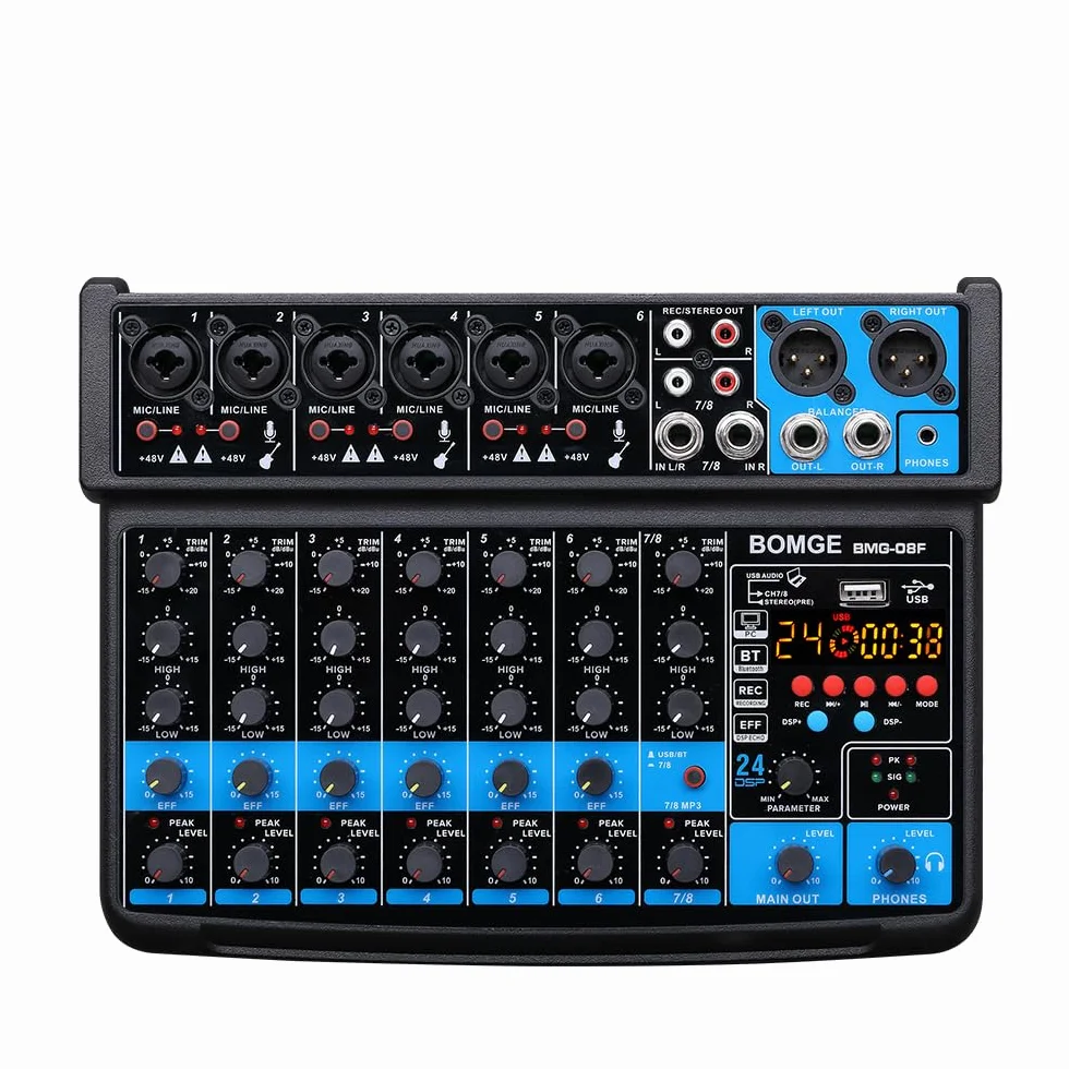 BOMGE 8 channel mini audio mixer Line Mixer ，DC 5V，with MP3 Player,Bluetooth, U disk 48V,24DSP effects, USB recording Ideal for Small Clubs or Bars, Studio Recording (8 channels-BLACK)