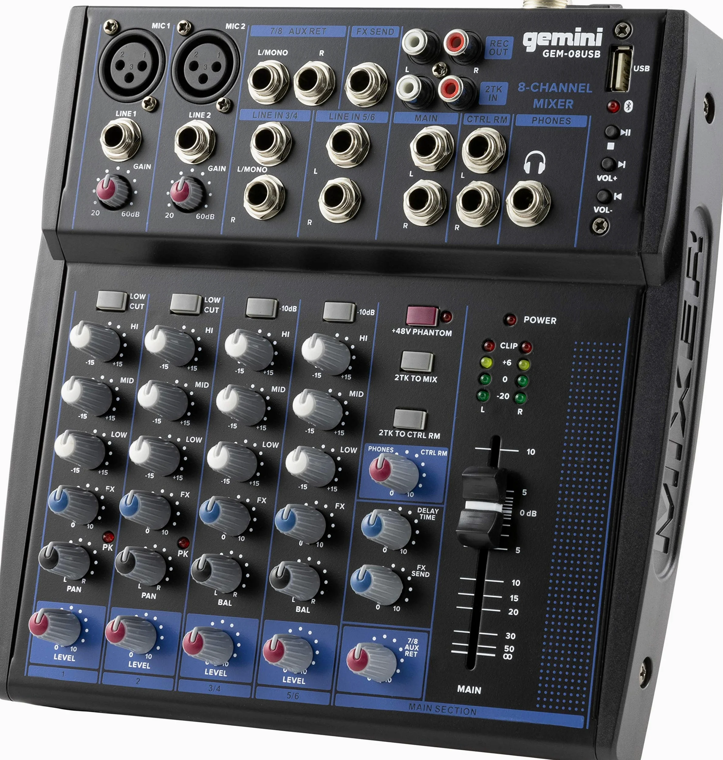 Gemini Sound GEM-08USB - Audio Mixer Analogico Compatto a 8 Canali con 2 Canali MIC, 3 Bande EQ, Riproduzione USB da Dispositivi USB e Streaming Bluetooth
