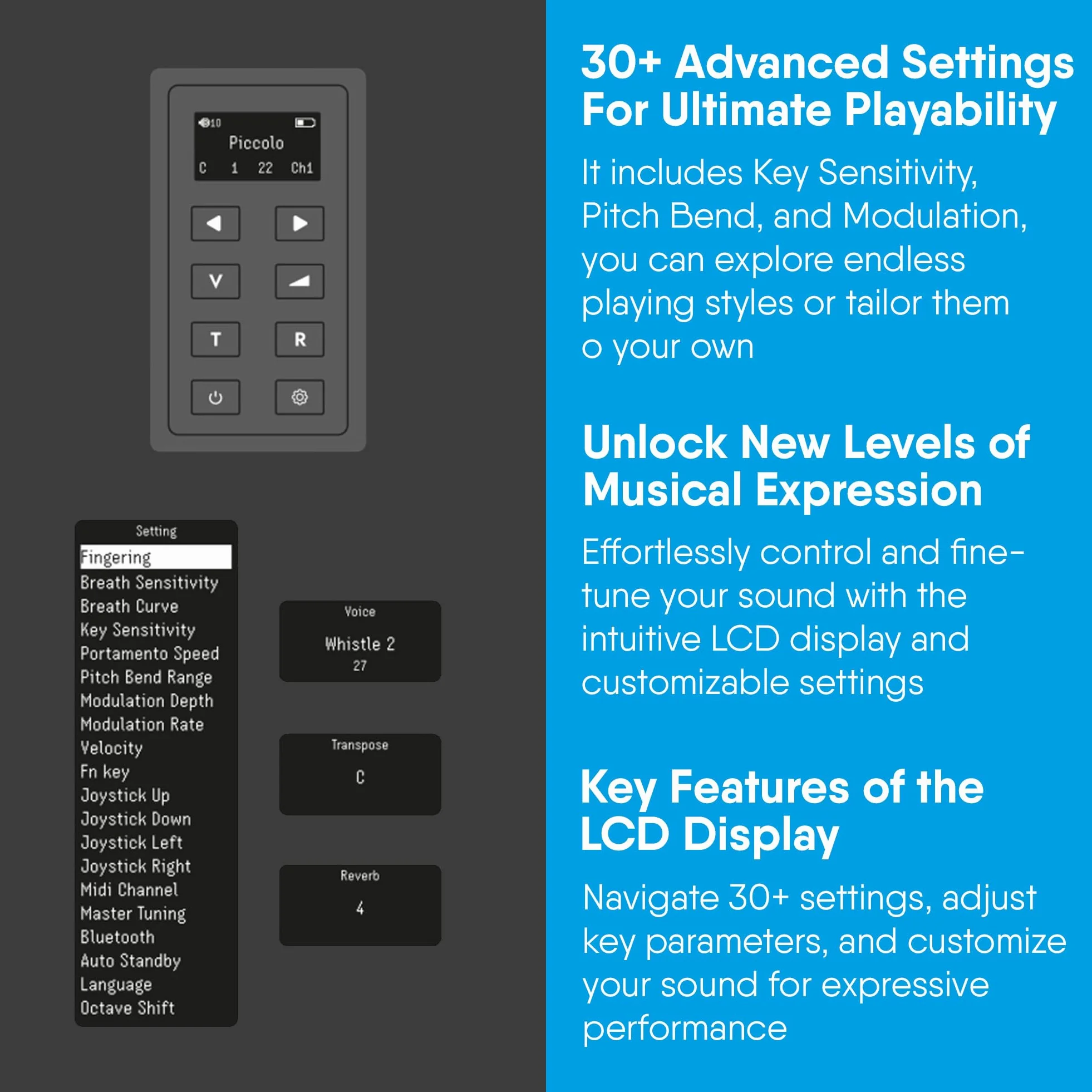 Carry-on Digital Wind Instrument Pro - 65 voci, batteria ricaricabile USB integrata, uscita cuffie per esercitazioni silenziose, registratore digitale Midi Over Bluetooth