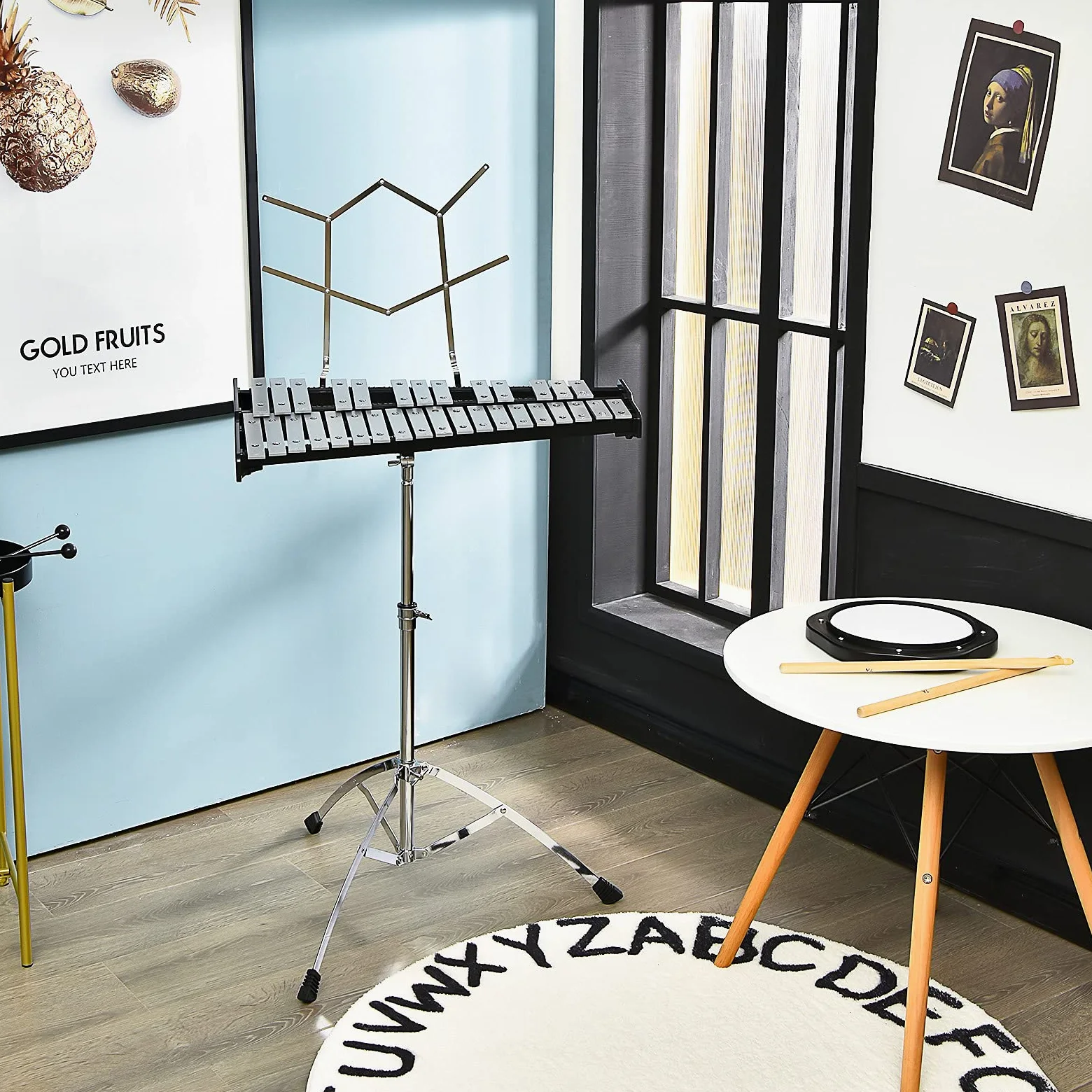 GYMAX Glockenspiel Professionale, Xilofono Pieghevole da 32 Note in Alluminio per Bambini, con Supporto Regolabile, Leggio, Bacchette in Legno, Custodia Trasportabile, Tamburo da Allenamento