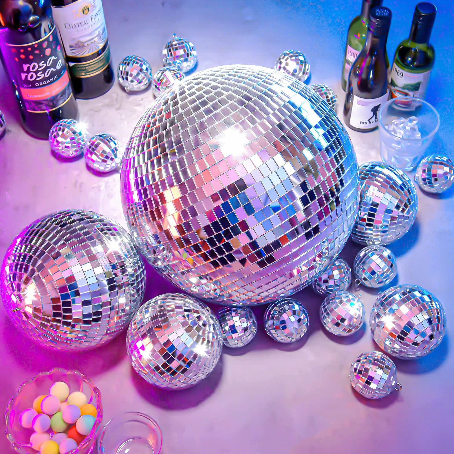 4 palline da discoteca grandi, da appendere, in argento, a specchio, ornamento per palcoscenico, club, balli di scena anni '70, matrimoni, danza, musica, compleanno (20, 15, 10 cm)