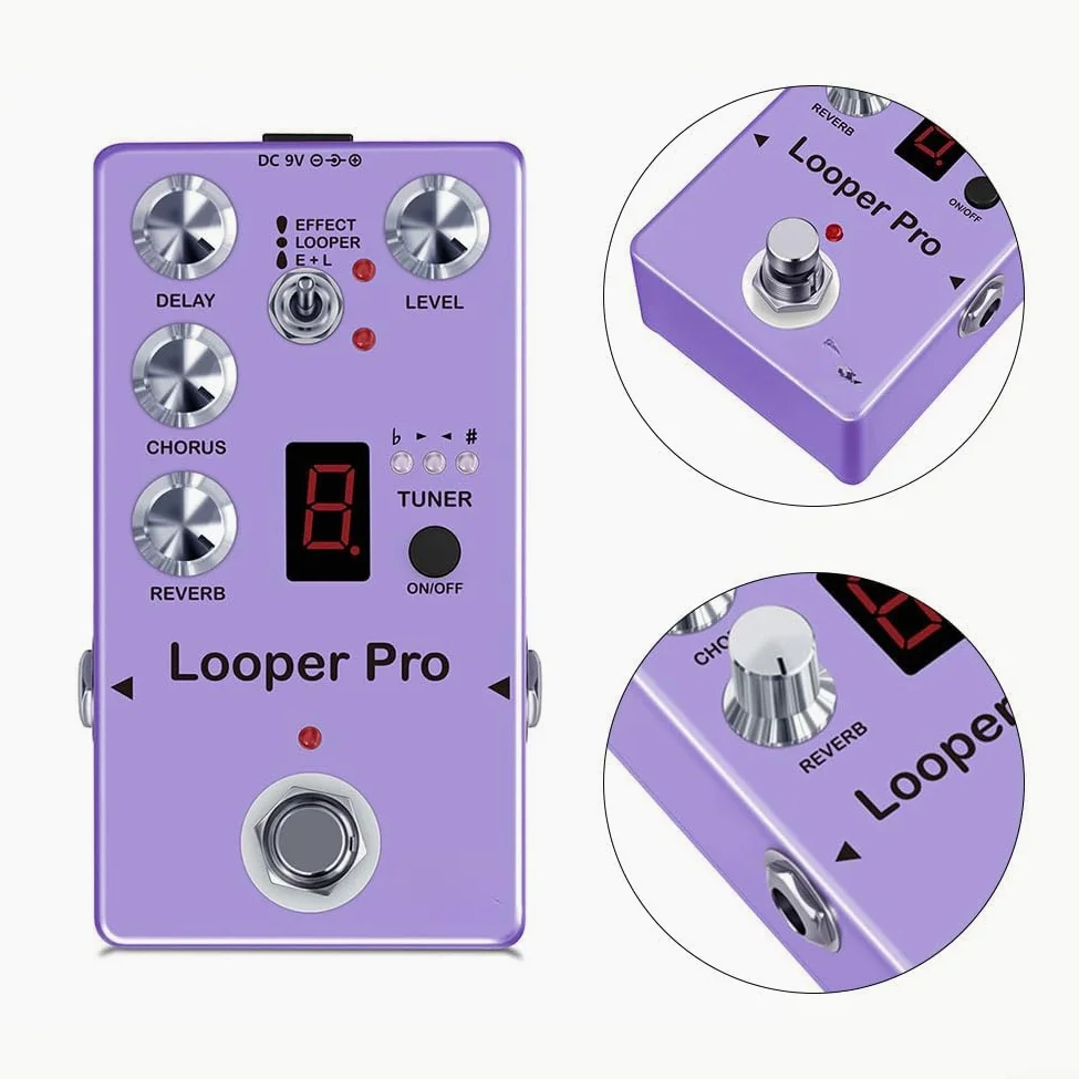 Rowin Looper Pro - Pedale effetto per chitarra con ritardo Looper 45s, accordatore riverbero ritardo ritardo coro, 3 modalità, processore multi-effetto in lega di zinco, viola