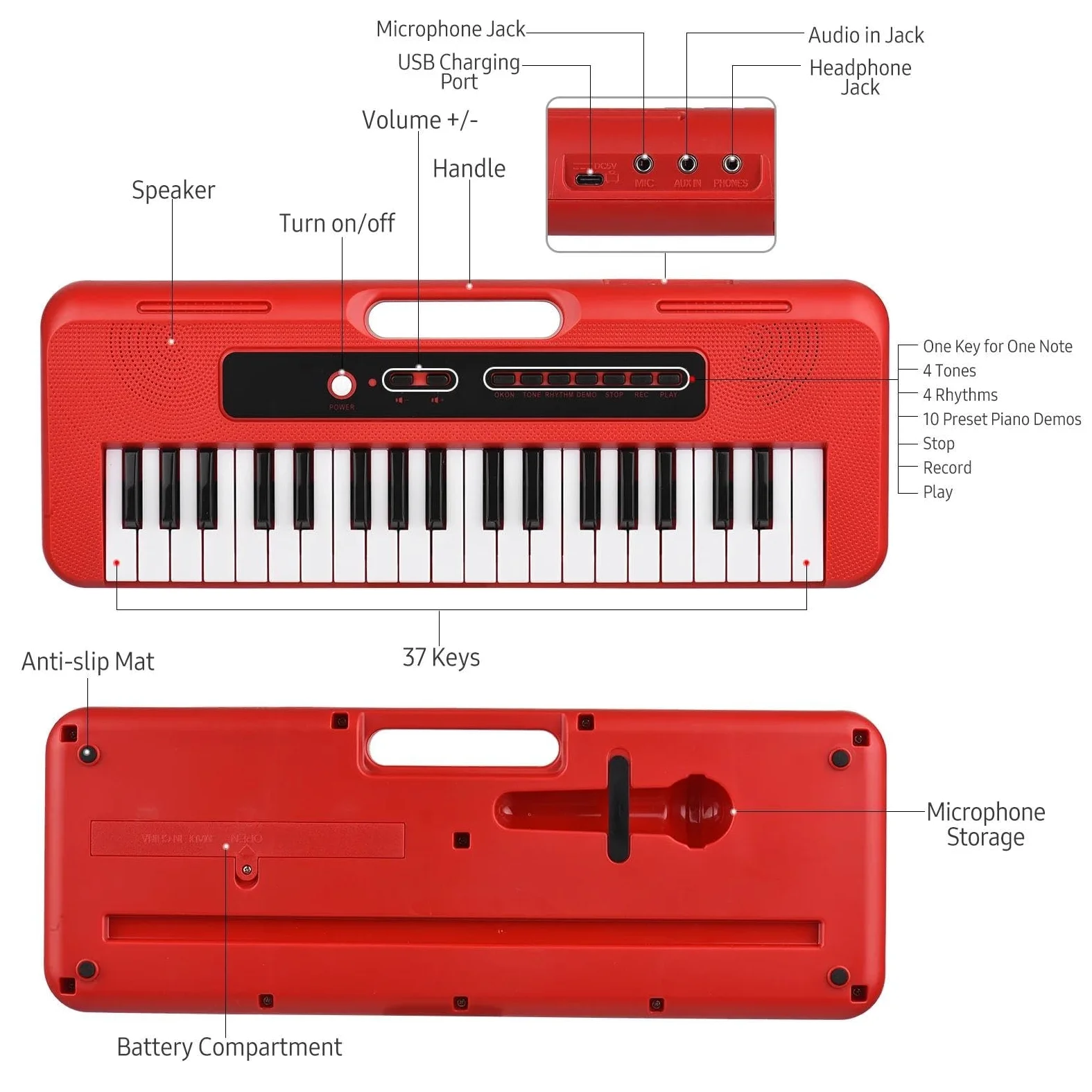 Pianoforte Elettronico A 37 Tasti Preimpostati 10 Demo Supporta La Registrazione Della Tastiera Musicale Portatile Per Cuffie Pianoforte Elettronico per Principianti
