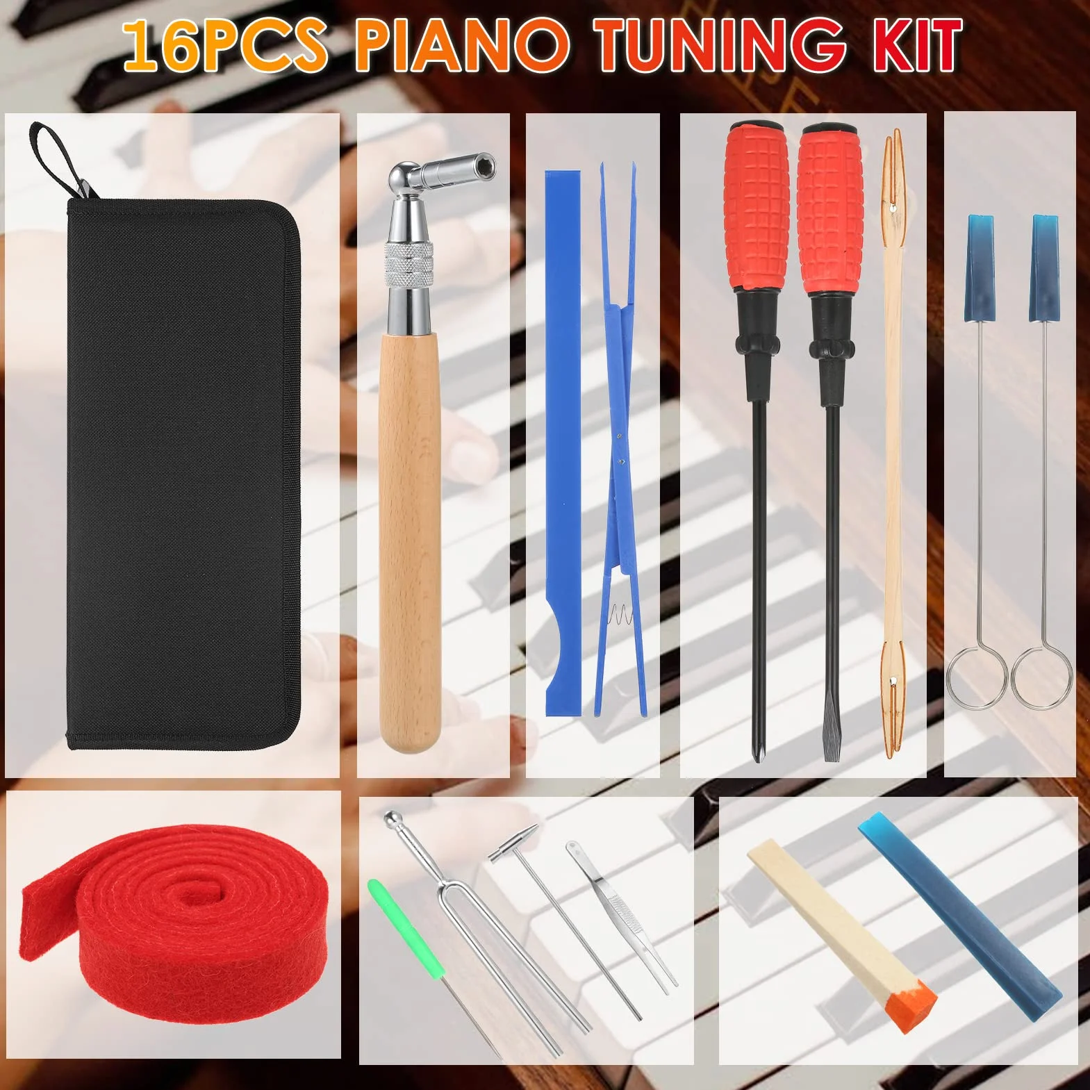 Kit di Accordatura per Pianoforte da 16 Pezzi Set di Strumenti per Accordatura Premium Pinzette a Martello con Chiave a Manico Lungo Accordatore Pianoforte, Perfette gli Appassionati