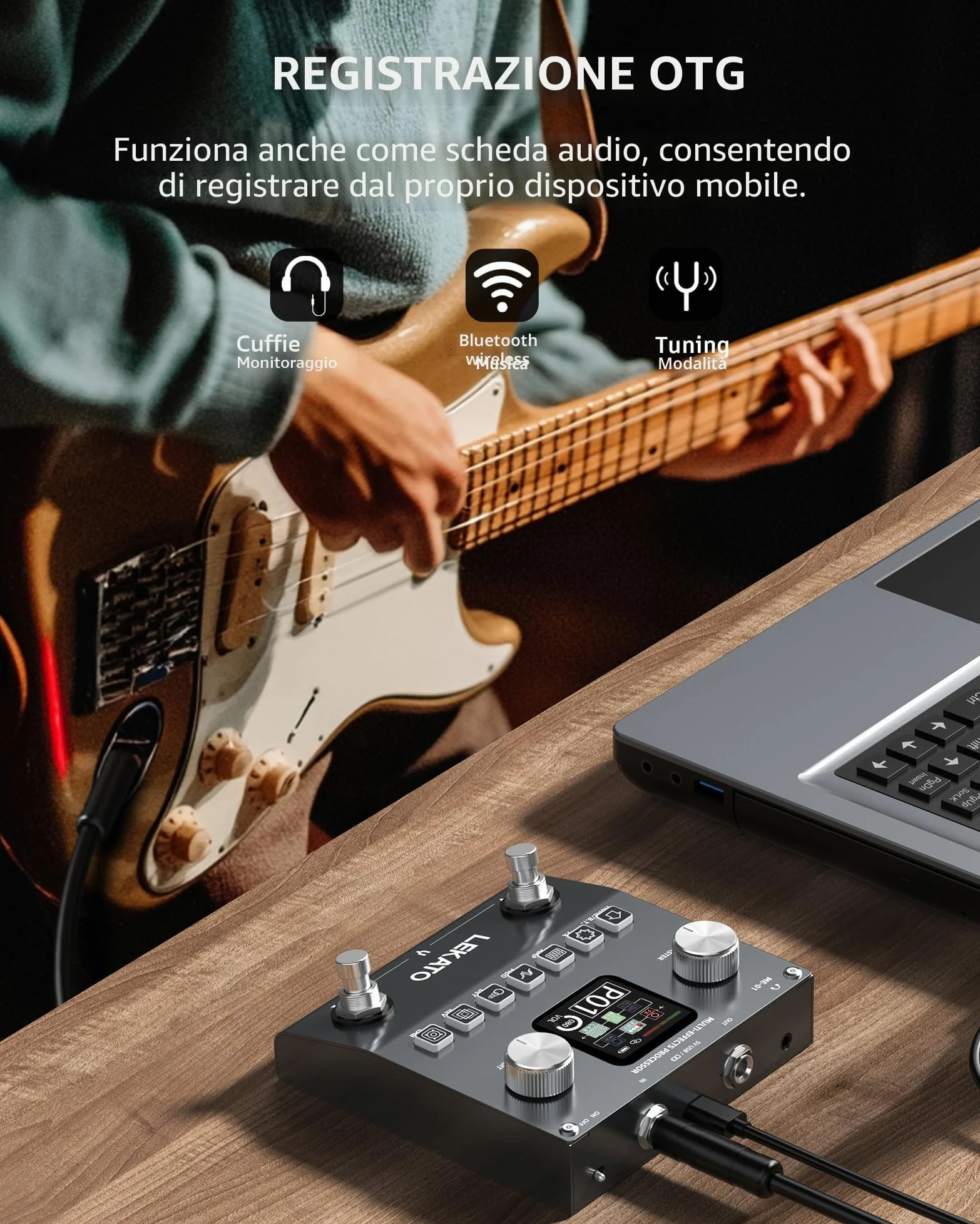 LEKATO Pedale Multi-Effetti per Chitarra, Processore di Effetti per Basso Ricaricabile con 6 Moduli Effetti, 80 Preset Editabili, Modifica APP, Caricamento IR, Registrazione OTG, Funzione BT