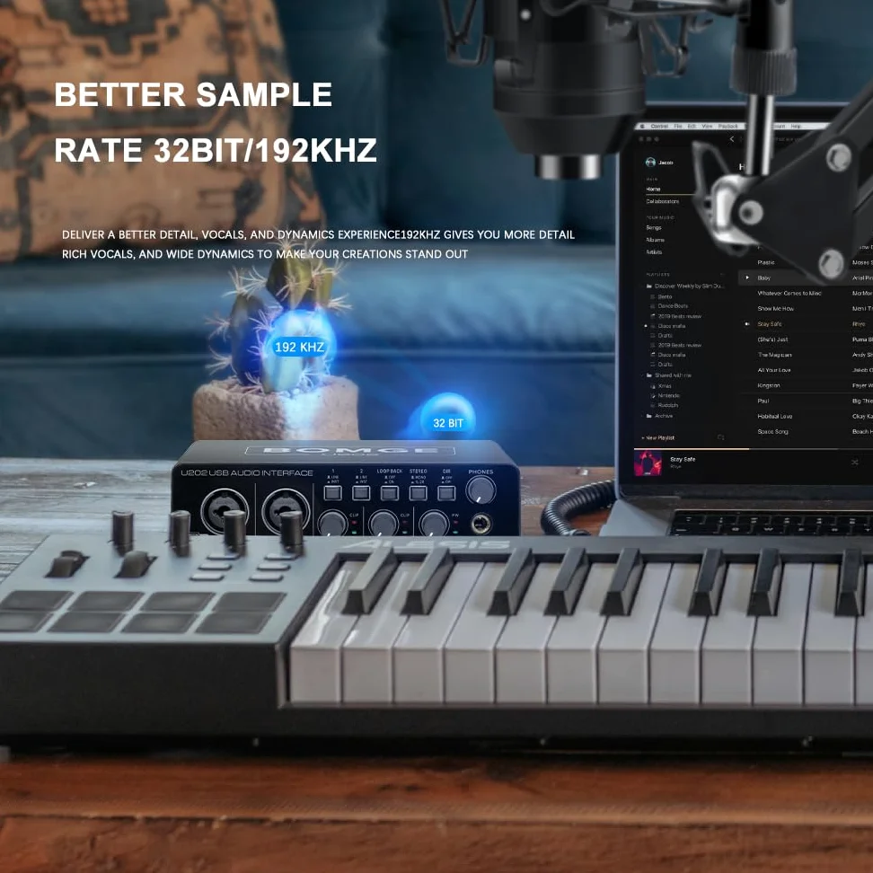 BOMGE U202 Interfaccia Audio USB con Preamplificatore Microfono Porte XLR/TSR/TS, 48V, Risoluzione 32-Bit/192kHz per Registrazione su Computer, Streaming, Podcasting