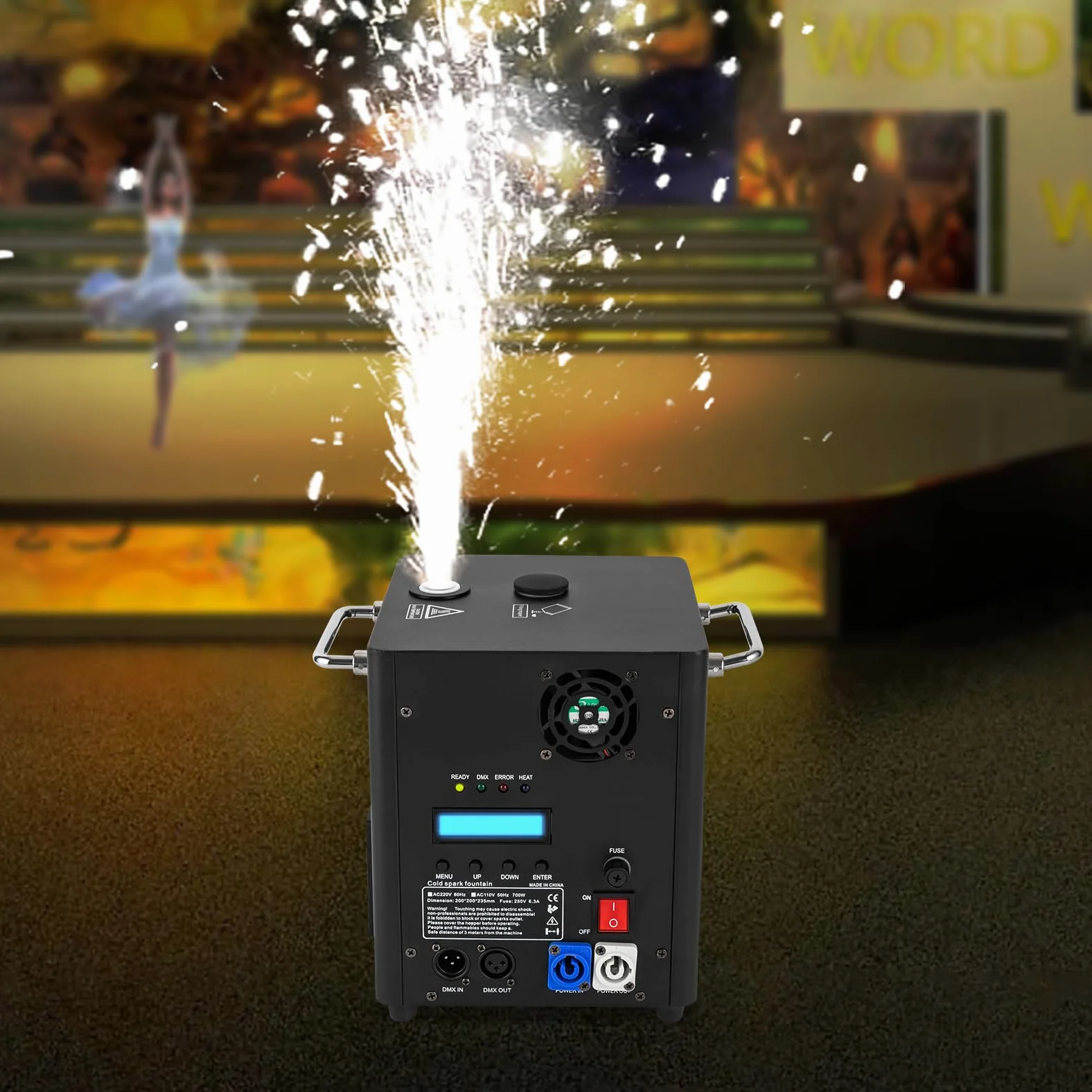 Macchina per scintille, 700 W, portatile, per palcoscenico, effetto speciale, altezza di iniezione regolabile, quattro spie di controllo, telecomando o DMX