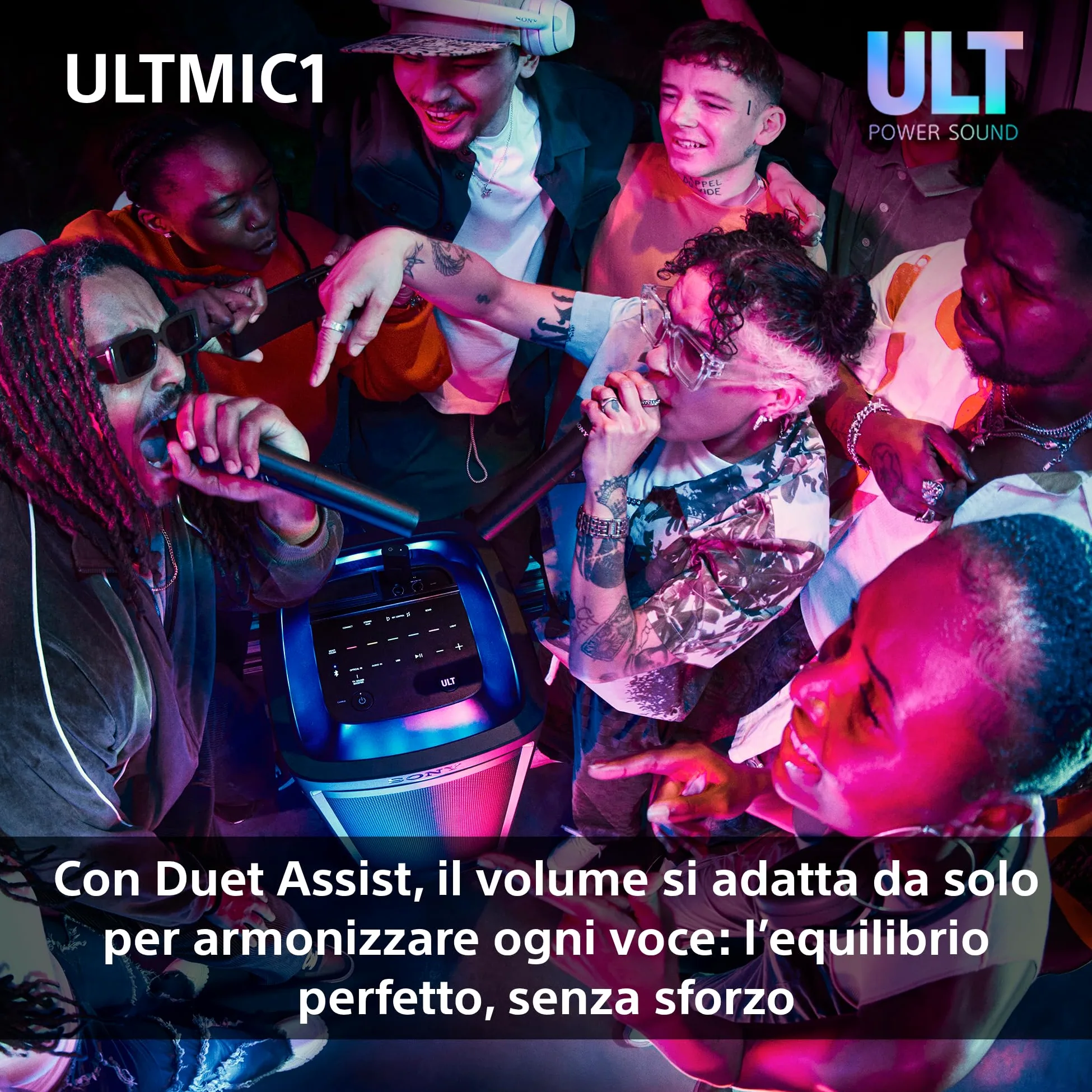 Sony ULTMIC1 - Set di microfoni wireless con 2 microfoni e ricevitore, riduzione avanzata del rumore, Duet Assist, batteria da 20 ore, antiurto, perfetto per la serie ULT POWER SOUND - Black