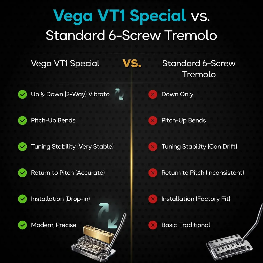 Vega-Trem VT1 - Ponte tremolo per chitarra Stratocaster standard speciale a 6 viti, per Stratocaster, senza mod, facile installazione (lucido, destro)