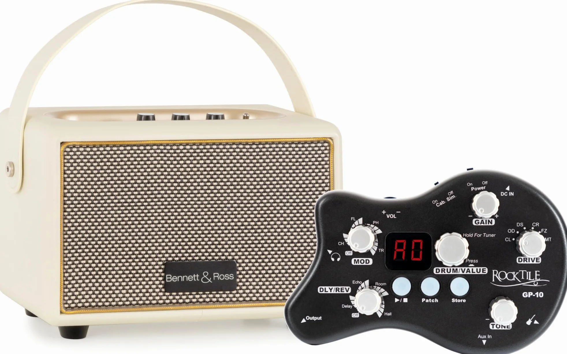 Rocktile GP-10/ BB-820CW Set Amplificatore per Chitarra, Flanger, Phaser | Amplificatore per Cuffie, Amplificatore per cuffie portatile e multieffetto, Controlli Gain e Tone, Accordatore integrato