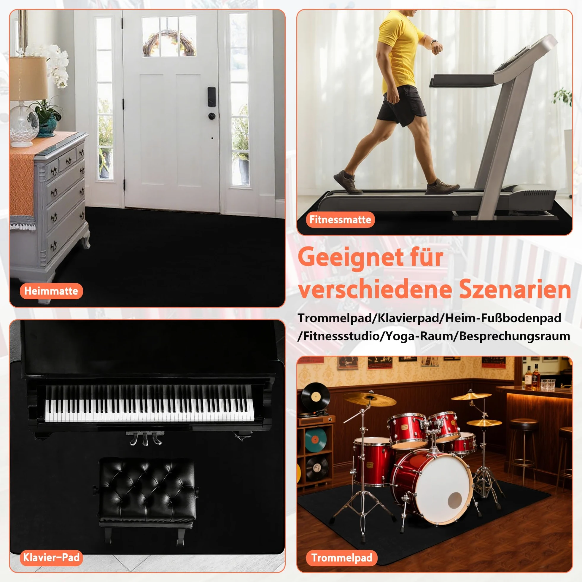 OUUTMEE Tappeto per percussioni, 120 x 160 cm, antiscivolo, per batteria elettronica, accessori per batteria jazz, protezione del pavimento (nero)