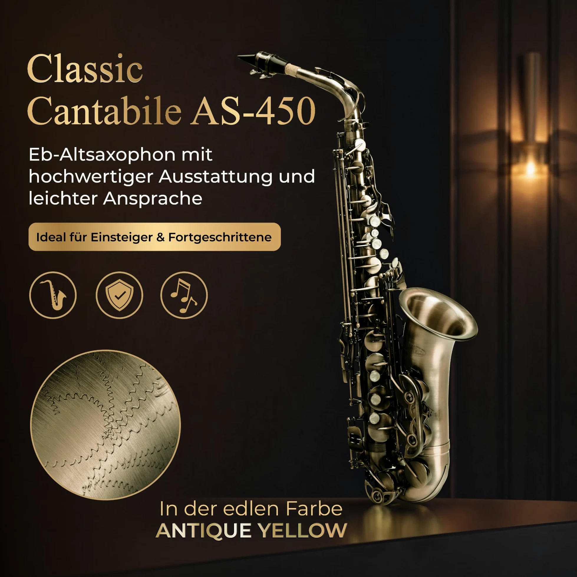 Classic Cantabile AS-450 Antique Yellow Eb Set Sassofono Alto, Peso: 2 | Sassofono alto in ottone, Finitura vintage Antique Yellow, Chiave Fa# alta, Suono pieno e caldo, Risposta rapida, 4 kg, Ance