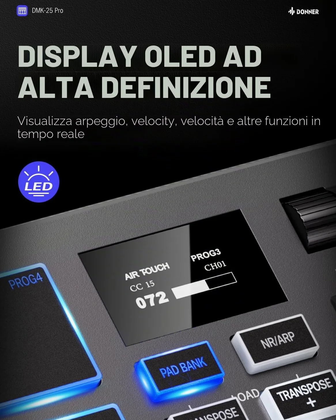 Donner Controller Tastiera MIDI USB-C, Tastiera MIDI Mini Portatile a 25 Tasti con 8 Drum Pad, Display OLED, 16 Scale Smart, Arpeggio, Replay, 4 Software DAW e 40 Corsi Didattici, DMK 25 Pro Nero