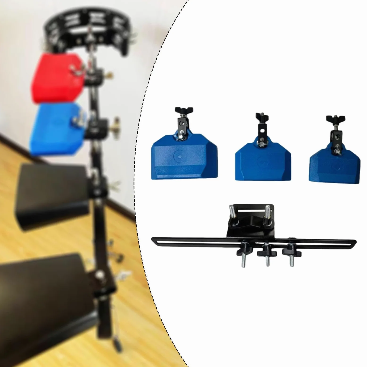 Set di Campanacci Da 4", 5" E 6" con Blocco di Percussioni Musicali con Supporto per Batteria, Esibizione in Festival, Blu