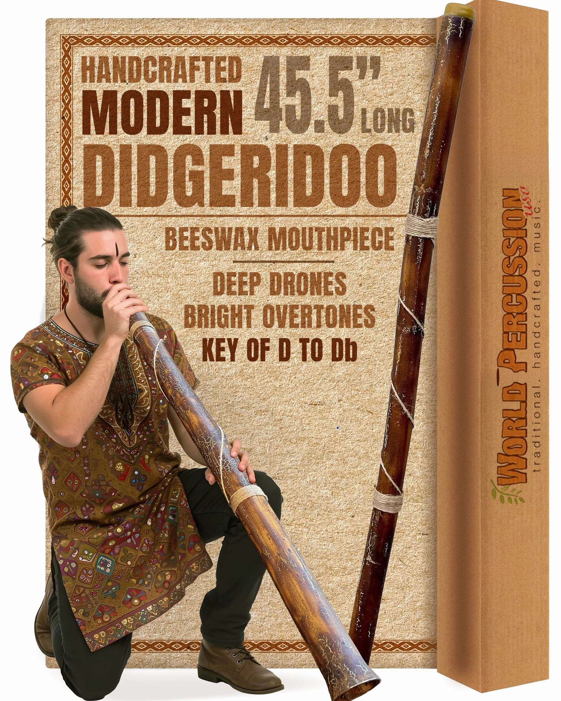 World Percussion USA - Moderno didgeridoo realizzato a mano, con bocchino in cera d’api, facile da suonare -