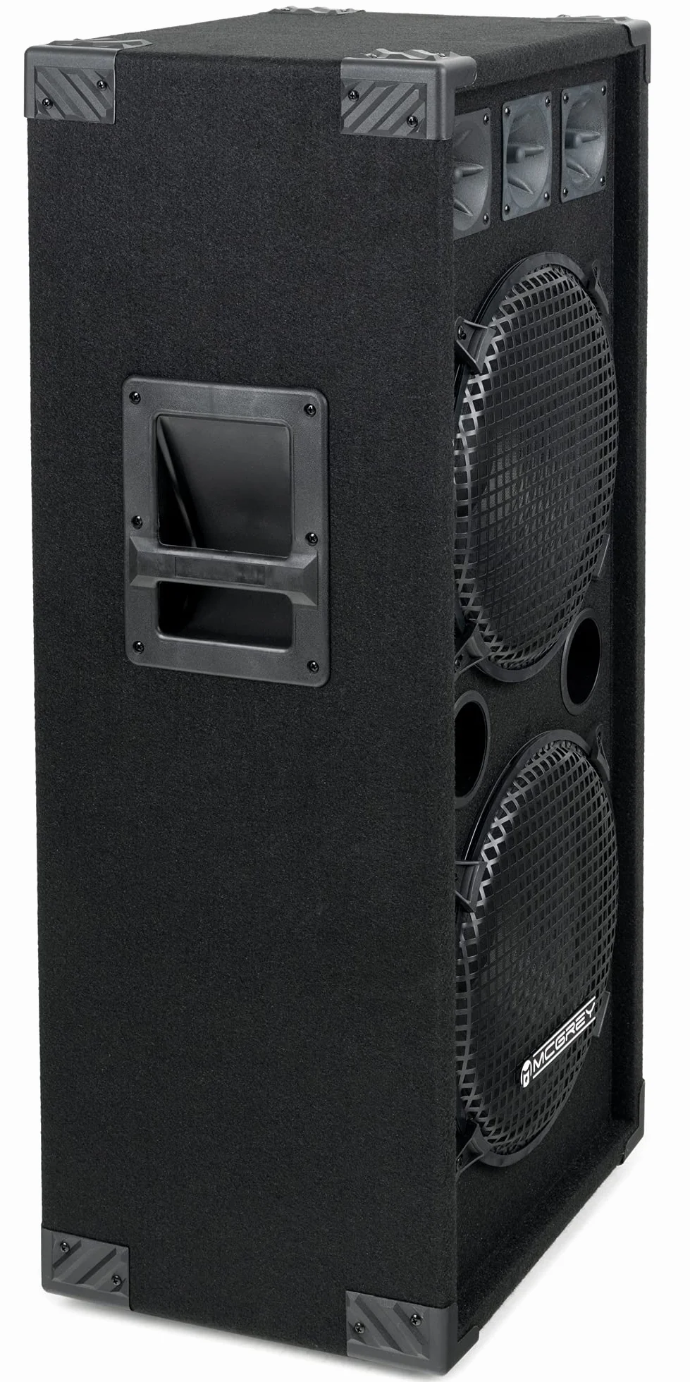 McGrey DJ-2222 Cantina Party/Box DJ 1000W, 500W RMS (1000W MAX), Peso: 15 | Cassa 2 vie con 2 x 12" (30cm) subwoofer e tre tweeter piezo, Cabinet in legno stabile e maniglie, 2 ingressi jack da 6, 3 kg